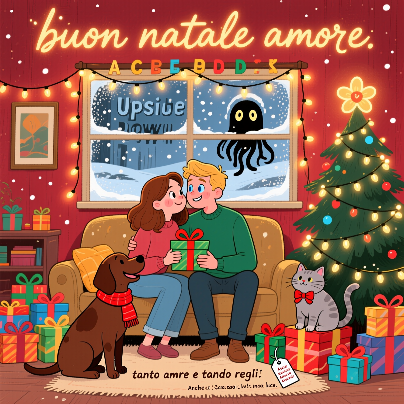 Stranger things serie tv, demogorgone luci , Due innamorati una femmina con capelli e occhi marroni e un maschio biondo occhi azzurri , Un lagotto romagnolo marrone , Un british shorthair grigio , Tanto amore e tanto regali , and Christmas Card