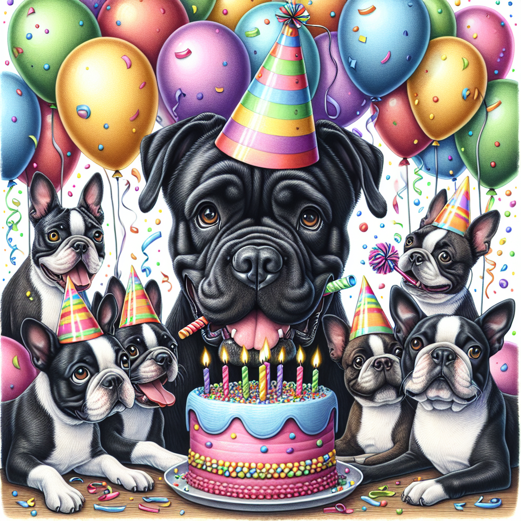 A delightful birthday-themed illustration portraying a lively scene. The central figure is a cheerful black cane corso donning a vibrant party hat, encompassed by lively Boston terriers. The dogs partake in a festive atmosphere, embellished with multicolored balloons, streamers, and confetti. The illustration emanates a sense of endearing charm, visualized through the cane corso gently holding a playful birthday cake in its jaws, suggesting that the joyous celebration is about to commence.
Generated with these themes: Black cane corso, Boston terrier, Fun, Cute, and Party.
Made with ❤️ by AI.