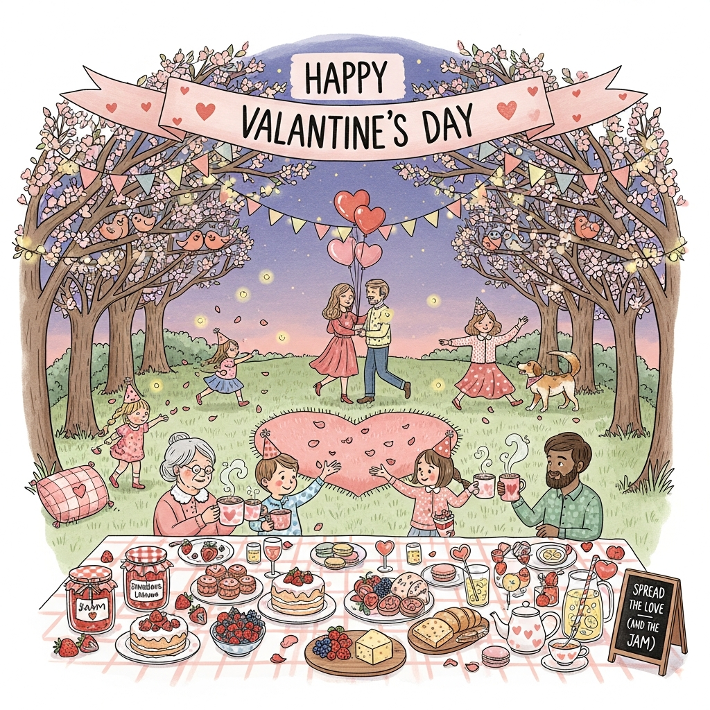 At the top of the Illustration Style image, "HAPPY VALANTINE'S DAY" hand-lettered in a bouncy, playful script on a soft blush ribbon banner with tiny hearts, gently arcing across the sky.

A cute, hand-drawn illustration of a twilight park clearing where nature and a cozy party meet: flowering trees arch overhead with twinkling string lights and pastel bunting, framing a long picnic table and a heart-shaped blanket at the center. A diverse, multi-generational group of people are together celebrating—grandparents clink steaming cocoa mugs, parents toast pink lemonade, kids in tiny party hats chase fireflies and toss petal confetti, and a couple dances beneath the lights while a friendly dog in a heart bandana wags nearby. Two lovebirds cuddle on a branch, and heart-shaped balloons float above.

The picnic is abundant with food and drinks: jars of strawberry jam with gingham lids, a strawberry shortcake, heart-shaped cookies, chocolate-dipped strawberries, a cheese board with crusty bread, fresh berries, pastel macarons, a teapot with cups, and sparkling lemonade with heart-shaped straws. Soft steam curls from cocoa into little heart shapes.

Style and mood: hand-drawn illustration with fine linework, textured brush strokes, and soft watercolor washes over subtle paper grain; balanced composition with the arcing tree branches framing the central table and a gentle circular flow of figures. Warm, expressive color palette—blush pinks, corals, peach, honey-gold fairy-light glow, sage greens, and a dusting of dusk lavender; rosy cheeks, twinkling eyes, and charming details for a cute, heartfelt feel.

Optional small text within the scene: a tiny chalkboard sign by the picnic spread reads, “Spread the love (and the jam)” in warm red lettering.
Generated with these themes: Nature, party, people together, food, drinks, Love, Family, and .
Made with ❤️ by AI.