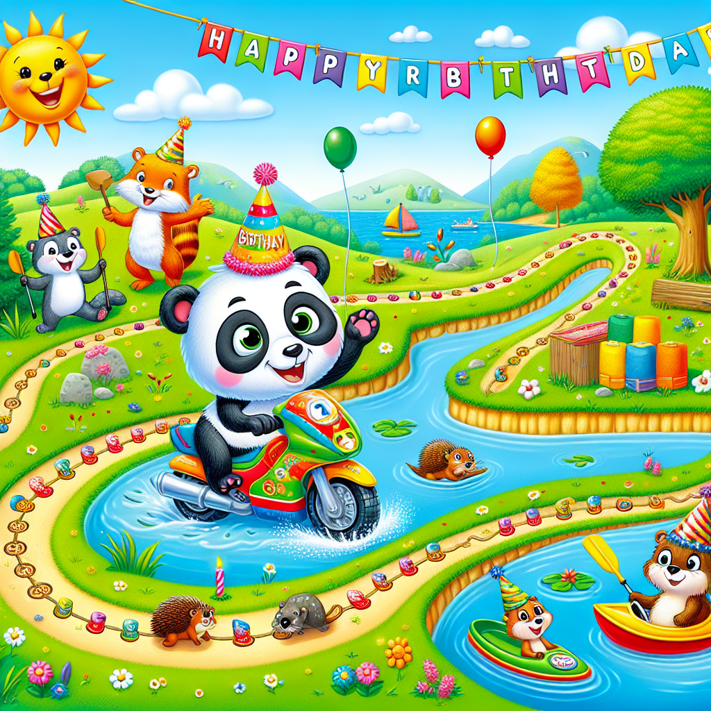 Create a vivid illustration of a cheerful, sunshine-filled birthday environment. The central attraction should be a vibrant, multicolor motorbike ridden by a beaming panda. Beside the motorbike track, depict a tranquil river with a playful otter kayaking and causing tiny ripples with its paddle. On the banks of the river, demonstrate a chain of paw prints leading towards a joyous squirrel and hedgehog, both donning birthday hats and strolling cheerfully. The entire panorama should be decorated with bright birthday banners and a sprinkling of flowers to represent the joy of outdoor pursuits.
Generated with these themes: Motorbikes, kayaking, walking.
Made with ❤️ by AI.