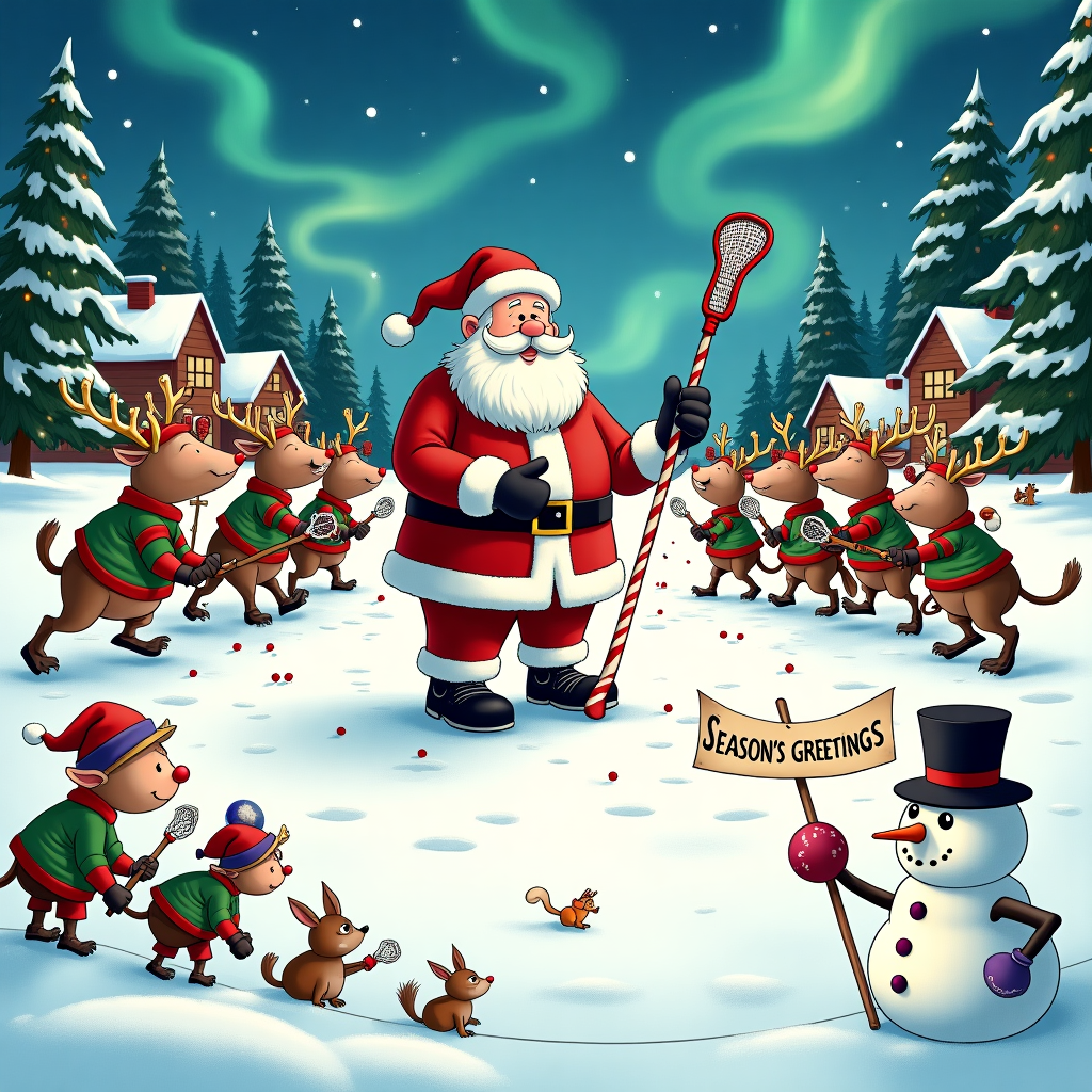 On the front cover of this quirky Christmas card, imagine a snow-laden field transformed into a zany holiday lacrosse game, with Santa Claus himself playing the role of the referee. In the background, a quaint, snow-draped town reminiscent of a classic Charles Schulz scene sets the stage. On the left side, we have a team of reindeer, donned in colorful woolen scarves and earmuffs, their antlers adorned with twinkling fairy lights, eagerly clutching lacrosse sticks in their hooves. They are facing off against a team of elves, each wearing traditional green and red uniforms with pointy hats, yet with cleats peeking out from beneath their costumes. 

Santa, standing in the middle, is blowing a candy cane-striped whistle, wearing a referee’s black-and-white striped shirt, though his signature red hat remains perched jauntily on his head. His rotund belly nearly conceals a clipboard of “Naughty and Nice” fouls, humorously skewed. An elf on the sidelines is caught mid-jump, holding a giant oversized lacrosse ball made to look like a Christmas ornament, while another elf holds a banner that reads, “Season’s Greetings!” In the foreground, a snowman audience cheers enthusiastically, with coal eyes sparkling under a top hat, holding a mug of steaming cocoa. 

To add a touch of holiday magic inspired by Walt Disney, small animated snowflakes fall gracefully, and in the distance, you can spot a small group of animated woodland creatures—squirrels, birds, and a curious fox—peeking out from the edge of the snowy pine forest, wide-eyed at the spectacle. In the sky above, the northern lights paint swirls of vibrant colors, lending an Osamu Tezuka fantastical aura to the entire scene.
Generated with these themes: Lacrosse Referee.
Made with ❤️ by AI.