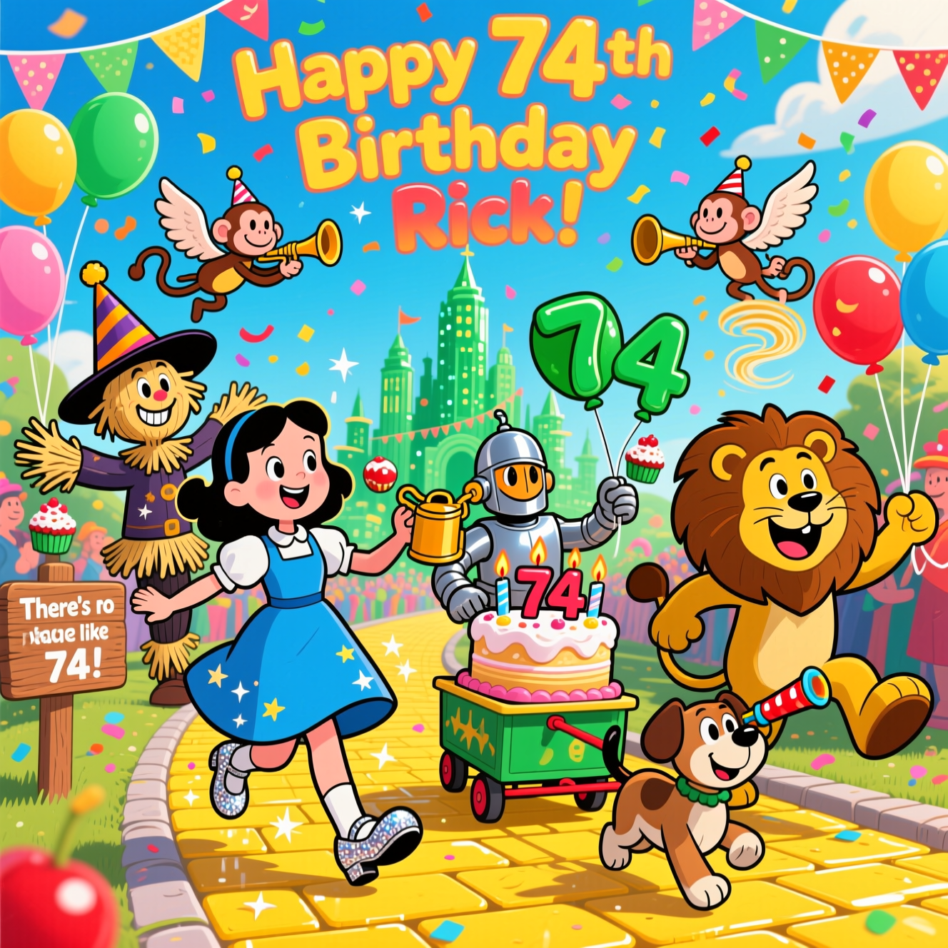 At the top of the Cartoon Style image, Happy 74th Birthday Rick!

A funny, high-energy Wizard of Oz parade bursts down a glossy yellow brick road toward a sparkling Emerald City draped in party bunting and balloons. Exaggerated, playful cartoon characters with thick black outlines and candy-bright colors fill the scene: a bouncy Dorothy in a blue dress and sparkly silver shoes clicks her heels, scattering starry twinkles; a goofy Scarecrow with straw flying wears a tilted party hat; a shiny Tin Woodman grins while using his oil can like a party horn and carries emerald “7” and “4” balloons; a fluffy Cowardly Lion prances with a noisemaker and a big beaming smile. Toto trots ahead, tugging a little cart loaded with a towering Emerald City–shaped birthday cake topped with blazing “74” candles. Cute, smiling winged monkeys swoop overhead delivering cupcakes and confetti, while a mini confetti-tornado spirals playfully in the background. Sunlit, saturated palette: emerald greens, sunshine yellows, sky blues, and pops of cherry red. Big expressive faces, whimsical poses, thick outlines, and shiny highlights for a toy-like finish. Make the headline text bouncy bubble lettering with a chunky outline and a cheerful gradient.

Small extra text in-scene: a wooden sign along the yellow brick road reads, “There’s no place like 74!”
Generated with these themes: Wizard of Oz, and .
Made with ❤️ by AI.
