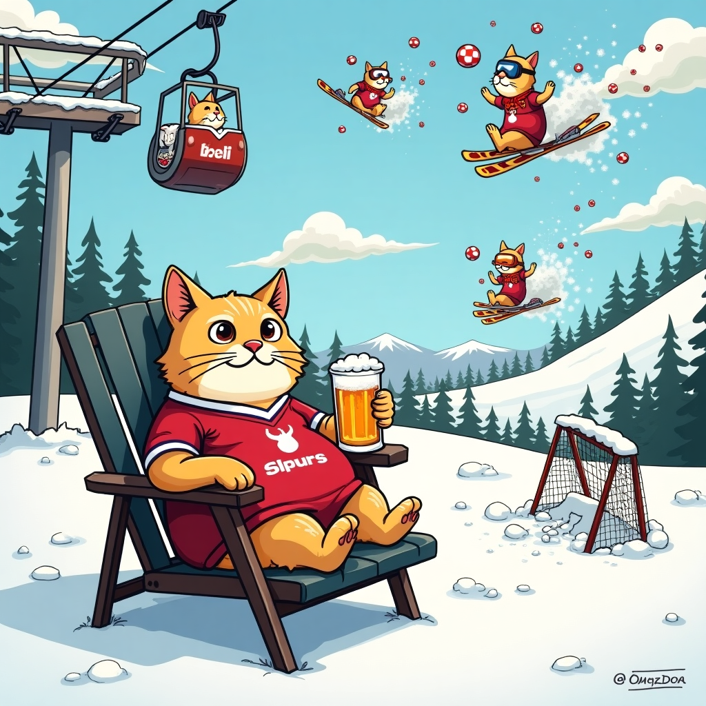 **Prompt:**

At the top of the illustration image: *"Hoppy Beer-thday, Sam — Spurs, Slopes & Purr-fection!"*

A hilarious, colorful illustrated scene featuring a chubby Scottish Fold tabby cat wearing a vintage Tottenham Hotspur jersey, lounging in a deck chair on a snowy mountain slope. The cat is sipping a frothy pint of beer from a tiny mug while reading a book titled *"How to Ski and Still Drink Your Pint."* Behind him, a ski lift carries bottles of beer instead of people, with one bottle accidentally launching into the sky like a rogue football. Snow-covered goalposts stand nearby, where skiers attempt to score with snowballs. One skiier, wearing a Spurs scarf and mismatched skis (one a ski, one a beer can), is being chased by an avalanche shaped like a massive open book, pages flapping wildly. In the sky above, a party of cats parachuting in wearing Tottenham kits and goggles, tossing down books, beer cans, and snowballs like birthday confetti. The mood is festive, silly, and totally outlandish — perfect for a football-loving, book-reading, beer-drinking birthday legend like Sam.
Generated with these themes: Beer, Tottenham Hotspurs, Skiing, Books, Scottish fold tabby cat, , and .
Made with ❤️ by AI.