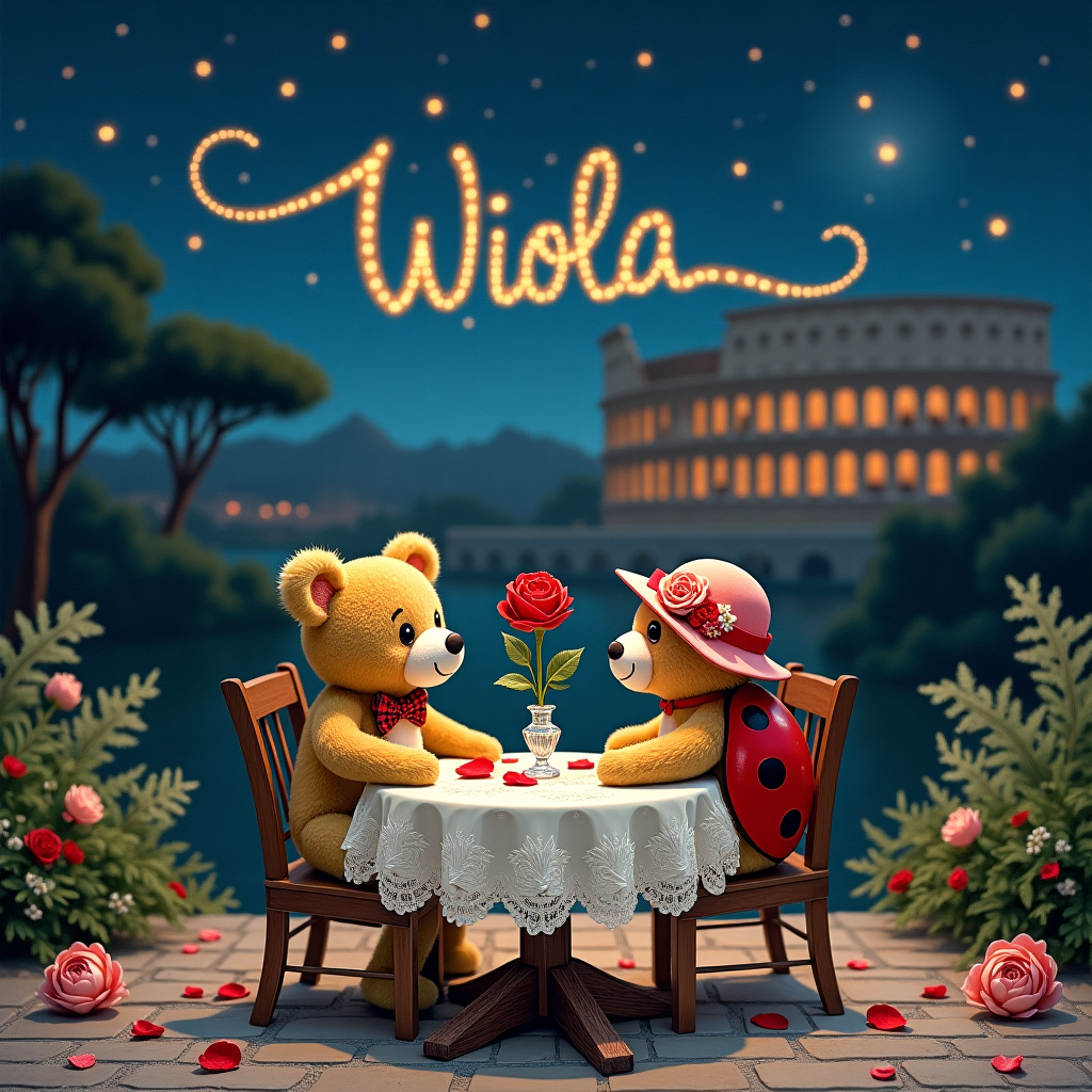 A ladybug and a teddy bear having a romantic meal outside the colosseum. The teddy bear is so in love with ladybug. Please add a red rose. And make a romantic scene, Peonies , Starry night, and Anniversary Card