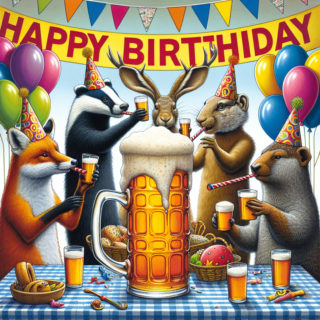Create a humorous, birthday-based illustration showcasing a lively gathering of personified animals, identified respectively as a Hispanic fox, Middle-Eastern badger, South Asian rabbit, and an African-American squirrel. These animals, each wearing a festive hat and blowing on party horns, raise their individual glasses in accord, saluting a grand, frothy pint of handcrafted ale that occupies the central area. In the backdrop, an array of vibrant balloons along with a banner inscribed with 'Happy Birthday' enhances the lively ambiance.
Generated with these themes: Craft beer.
Made with ❤️ by AI.