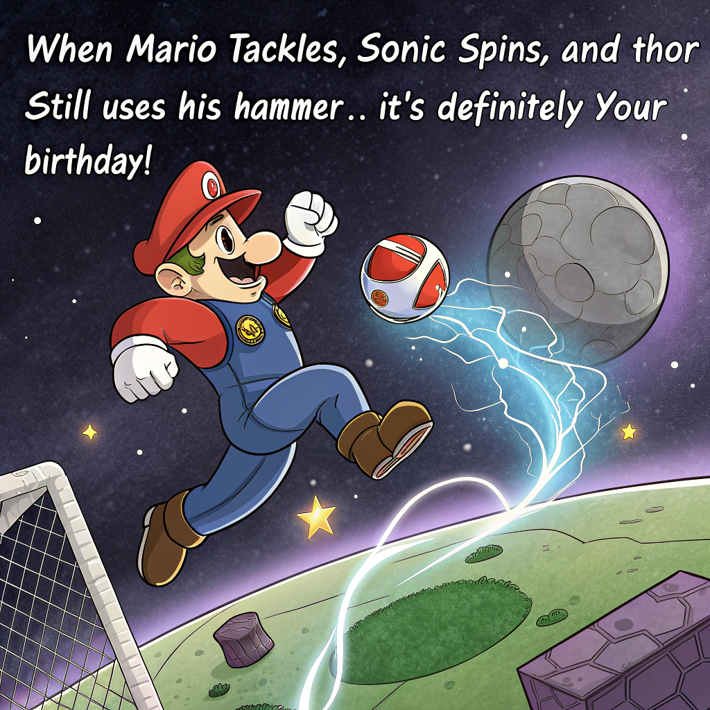 At the top of the image, "When Mario tackles, Sonic spins, and Thor still uses his hammer... it's definitely your birthday!"

- Create a surreal, cartoon-style soccer field floating in space, where Mario (in his red cap and overalls), Sonic (mid-spin dash with a trail of blue lightning), and Thor (soaring mid-air, using Mjölnir as both ball and hammer) are mid-action in a high-energy soccer match.  
- The Avengers' Hulk acts as an absurdly massive goalie, stretching between the goalposts while balancing Iron Man on one shoulder shouting strategy.  
- The soccer ball has googly eyes and looks alarmed, zooming through a flaming ring held up by Captain America’s shield.  
- Random surreal birthday elements drift through space—floating cupcakes with wings, confetti clouds raining jellybeans, and balloons shaped like game controllers.  
- Include playful motion lines and vibrant colors to enhance the chaos and comedy.  
- Make everything a bit warped or floaty to heighten the dreamlike, surreal effect.
Generated with these themes: Mario, sonic and avengers playing soccer. .
Made with ❤️ by AI.