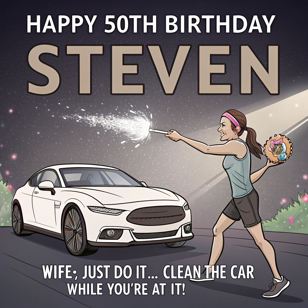 At the top of the image, "Happy 50th Birthday Steven"

At the bottom of the image, "Wife, Just Do It... Clean the Car While You're at It!"

- In the center of the image, illustrate a humorous cartoon scene where a woman, donned in sporty Nike gear, holds a Jesussour candy while playfully pointing towards a sparkling clean car in the background. A beam of divine light humorously shines upon the candy, adding a divine touch to the scene.
Generated with these themes: Wife, Nike, clean cars, Jesussour candy, and .
Made with ❤️ by AI.