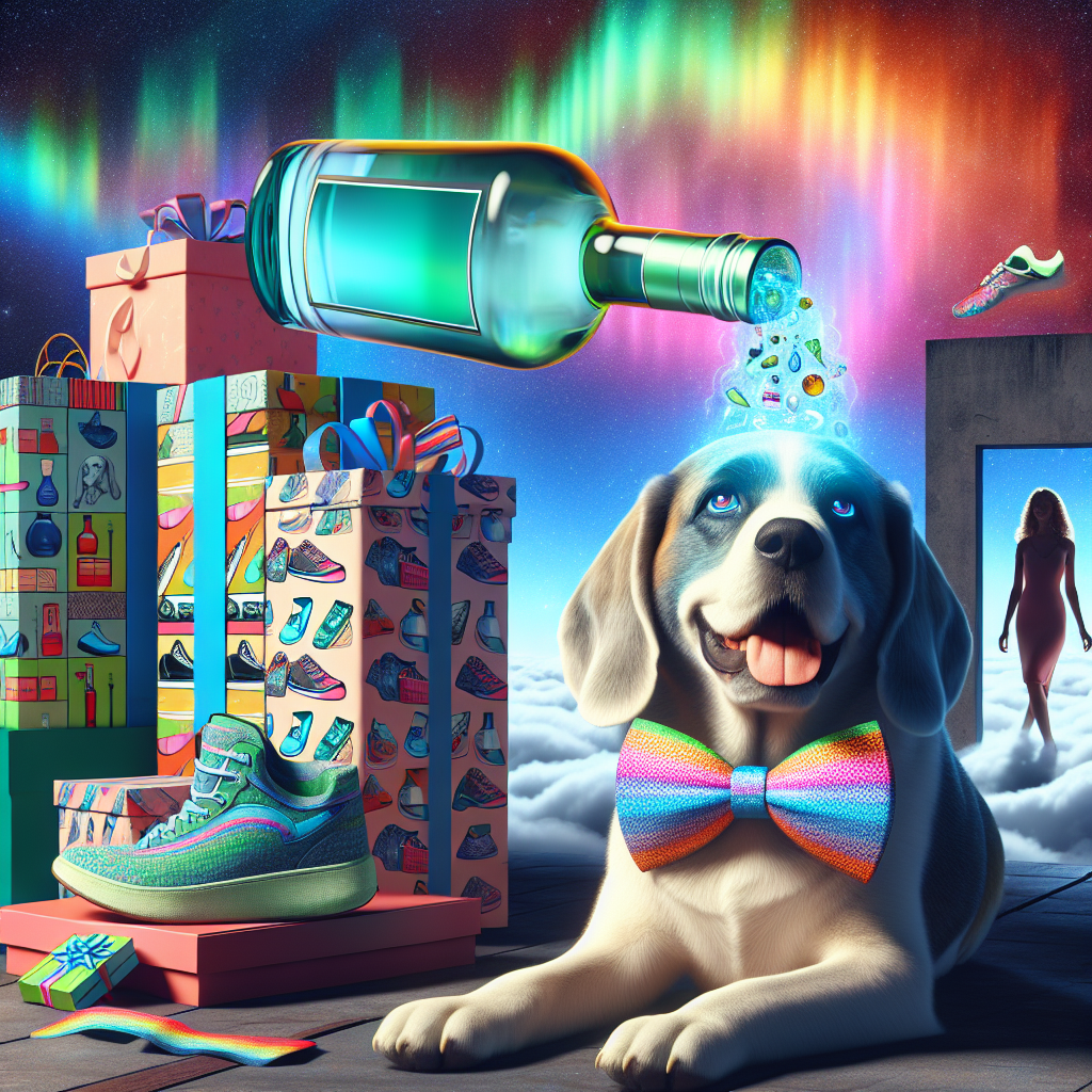 Generate an image of a surrealistic birthday celebration. In the foreground, display an unusually large, smiling Beagle with a multi-colored bow tie sitting next to a tall stack of gift boxes decorated with patterns of sneakers, shopping bags, and perfume bottles. Above, a glowing bottle of gin is suspended in mid-air, endlessly pouring its contents into a cloud sea beneath. In the background, display the silhouette of a woman of unspecified descent in her 30s stepping out from a portal into this dreamlike setting. A bright, multi-colored aurora in the sky above adds to the fantastical ambience.
Generated with these themes: Trainers, Shopping, Perfume, Beagle , Gin, Sister , and 30th birthday .
Made with ❤️ by AI.
