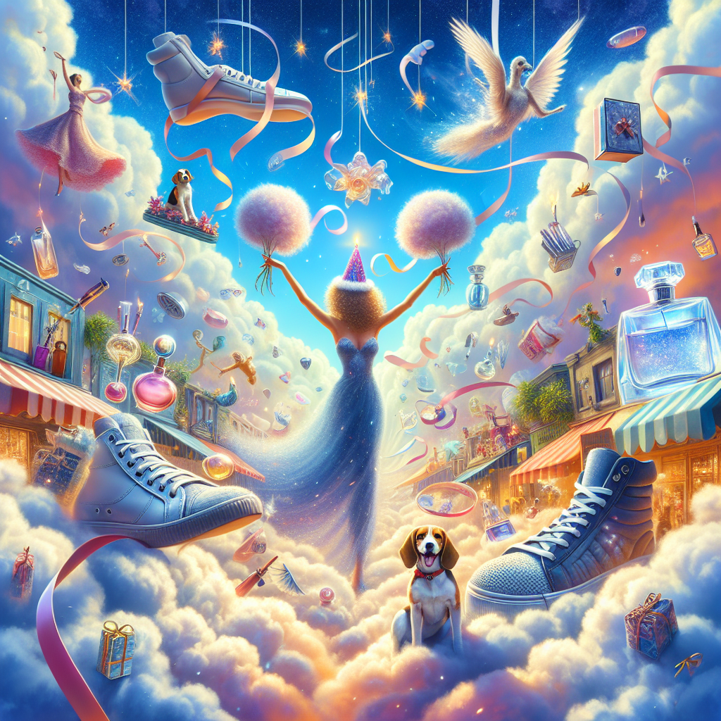 Generate a whimsical and dreamy illustration that encapsulates the feeling of a 30th birthday celebration in a surreal setting. Among fluffy clouds floating in spectacular blue sky, there are a pair of fashionable sneakers strewn by ribbons that extend to a lively, ethereal shopping district. The scene is mix of magic and everyday life with delicate perfume bottles, and their translucent mists mingling with the clouds. A joyful Beagle, sporting a festive hat, is soaring on a gin bottle as if it's a magic carpet. Dominating the central area of this fantastical scene is a figure that resembles a young woman, possibly the birthday girl, she has her arms wide open, balancing a gravity-defying birthday cake in her hands. The candles on the cake still burning, glimmering like little stars.
Generated with these themes: Trainers, Shopping, Perfume, Beagle , Gin, Sister , and 30th birthday .
Made with ❤️ by AI.