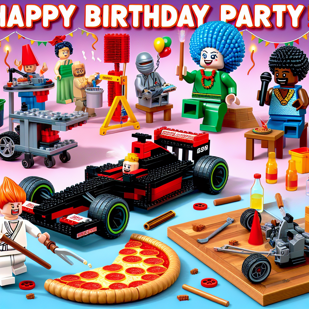 An animated scene shows a spirited birthday party. A Caucasian Lego-like engineer is busy crafting a realistic Formula One car from colourful interlocking blocks. Seated in the driver's position of the car is a woman with unique blue beehive hair, a green dress, and a red necklace, a character reminiscent of those in well-known family cartoons. A black karate master demonstrates his strength by splitting a pizza-shaped wooden board with a robust chop. In the nearby area, a comedy club stage is ready with a stand-up microphone. A pie with distinct pepperoni as wheels sits near, showcasing the amusing fusion of cuisine and motorsports. Comedic elements combined with festive celebration are highlighted by elusive laughter bubbles floating throughout the scene.
Generated with these themes: Lego, Karate, Engineering, Comedy, Pizza, Formula One, and Simpsons.
Made with ❤️ by AI.