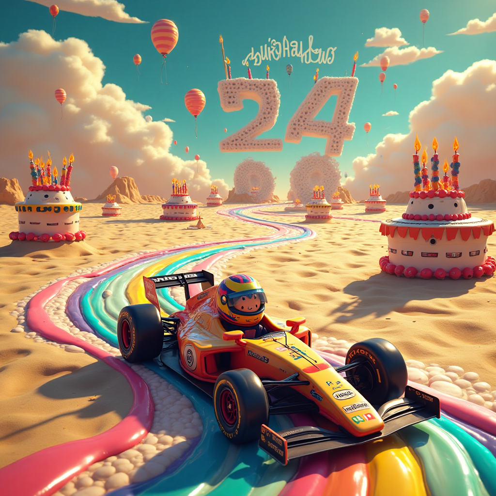 At the top of the Surreal Style image, the text reads: "Happy birthday Harley"

---

**Image Description:**

Imagine a whimsical racetrack winding through an infinite desert of melting clocks and floating gears, reminiscent of a Dali painting. Lando Norris, with a joyful expression, is racing in a dreamlike Formula 1 car that's half real, half fantastical—its wheels are replaced with colorful, oversized balloons. The car's trail morphs into a river of liquid rainbow that meanders through the landscape, and the sky is filled with fluffy clouds shaped like checkered flags. Scattered throughout are vibrant birthday cakes perched on surreal pedestals, each with candles flickering like tiny lanterns. In the distance, giant, whimsical numerals form a 'birthday 24'—a nod to Lando's racing number—casting elongated shadows on the ground.

At the bottom of the image, in a playful, dreamlike font, a caption reads: "Race into another amazing year!"
Generated with these themes: Lando Norris f1, and .
Made with ❤️ by AI.