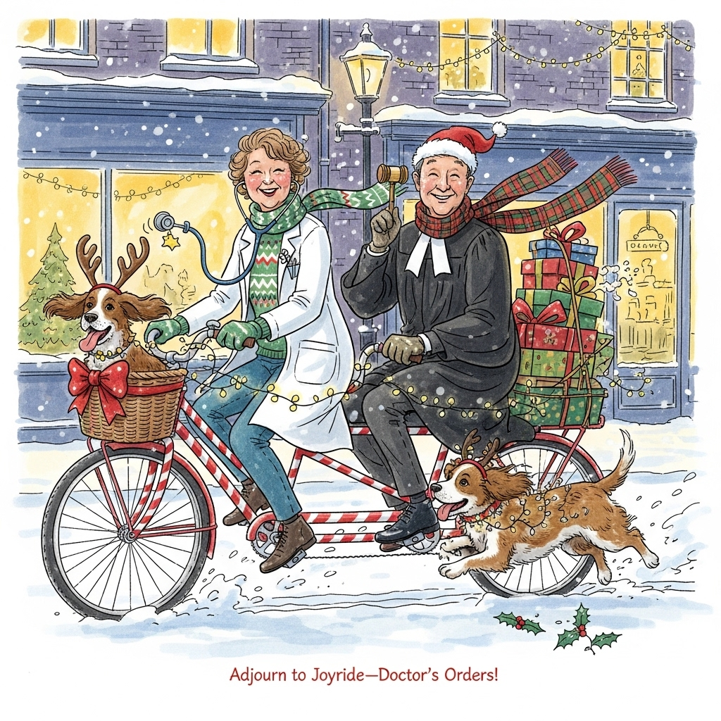 Tandem with middle aged couple male judge female doctor (curly short hair), Spaniels , and Christmas Card