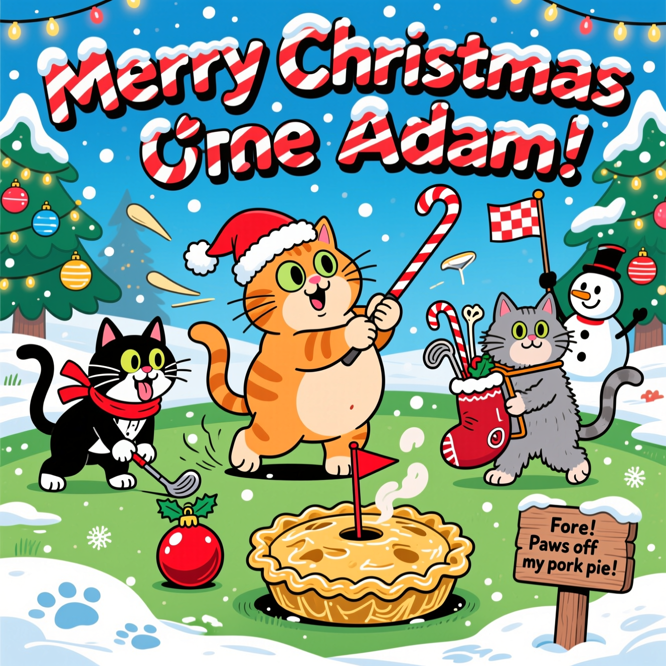 At the top of the Cartoon Style image, “Merry Christmas Adam!” in big peppermint-striped bubble letters with snowy frosting and a thick dark outline

A bright, funny Christmas cartoon scene on a snowy golf green: three exaggerated, playful cats with huge eyes and chunky paws. Center stage, a chubby ginger cat in a Santa hat is mid-swing with a candy-cane driver, motion lines whooshing and snow poofing from its paws. To the left, a sleek tuxedo cat in a red scarf crouches to line up a putt, tongue out in fierce concentration. On the right, a fluffy grey caddy cat hauls a Christmas stocking golf bag stuffed with goofy clubs (candy-cane irons and a fishbone wedge), striking a proud, wobbly pose. The “hole” is a giant golden pork pie with crinkled crust and a tiny red flag planted in the flaky top; steam hearts puff up and sparkle. The ball is a shiny red ornament with a holly sprig, gleaming under crisp winter sun.

Background: twinkling fairy lights draped over pine trees, oversized baubles as course hazards, a jolly snowman marshal waving a tiny checkered flag. Fresh snow, pawprints, glittery flakes in the air. Palette: saturated candy reds, emerald greens, icy blues, and warm pie-gold; thick black outlines, bold shapes, clean flat shading with zippy highlights. Whimsical, energetic poses and expressions, full-bleed, image-first composition.

Small funny caption as text on a wooden tee sign stuck in the snow: “Fore! Paws off my pork pie!”

Cartoon Style throughout: playful characters, exaggerated proportions, thick outlines, bright saturated colors, lively festive mood. No other text or logos.
Generated with these themes: Cats golf pork pie, and .
Made with ❤️ by AI.
