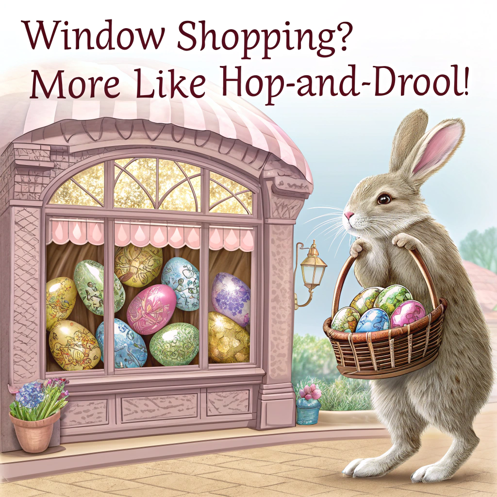 Chocolate shop full of Easter eggs, Easter bunny , and Easter bunny carrying a basket looking in the window of the chocolate shop Easter Card