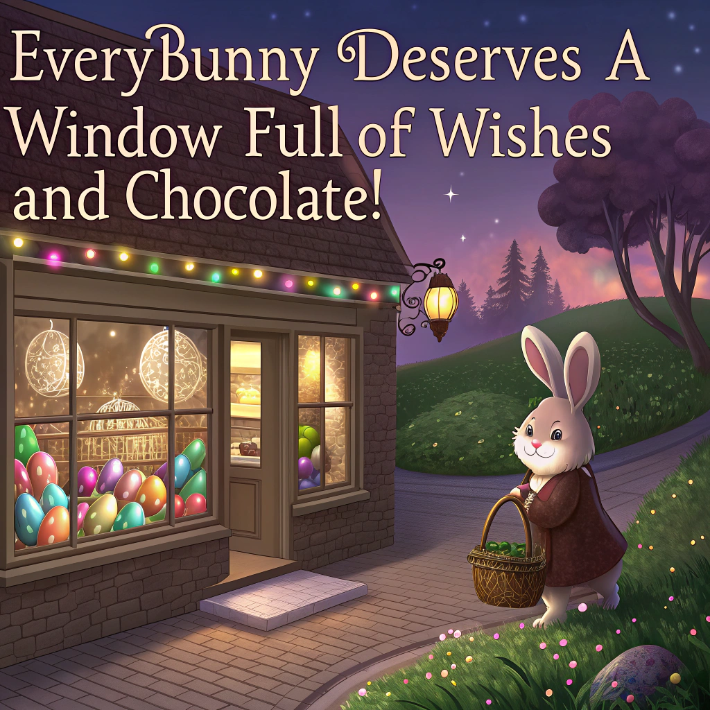 At the top of the image, "Everybunny deserves a window full of wishes (and chocolate!)"

- The image is a realistic photograph of a cozy, charming chocolate shop at twilight, with a softly glowing window display packed with colorful foil-wrapped Easter eggs, chocolate bunnies, and pastel spring decorations.
- Outside, standing on a cobbled path with tiny bunny paw prints, is a cute, realistic Easter bunny wearing a tiny woven satchel-style basket over one shoulder, filled with a few decorated eggs.
- The bunny is on its tiptoes, peeking through the shop window longingly, ears perked and nose twitching with curiosity and delight.
- Warm, golden light from the shop reflects on the bunny's fur, enhancing the overall magical and adorable mood.  
- Delicate pastel flower petals scatter at the bunny’s feet, suggesting the soft breath of spring in the air.
Generated with these themes: Chocolate shop full of Easter eggs, Easter bunny , and Easter bunny carrying a basket looking in the window of the chocolate shop.
Made with ❤️ by AI.