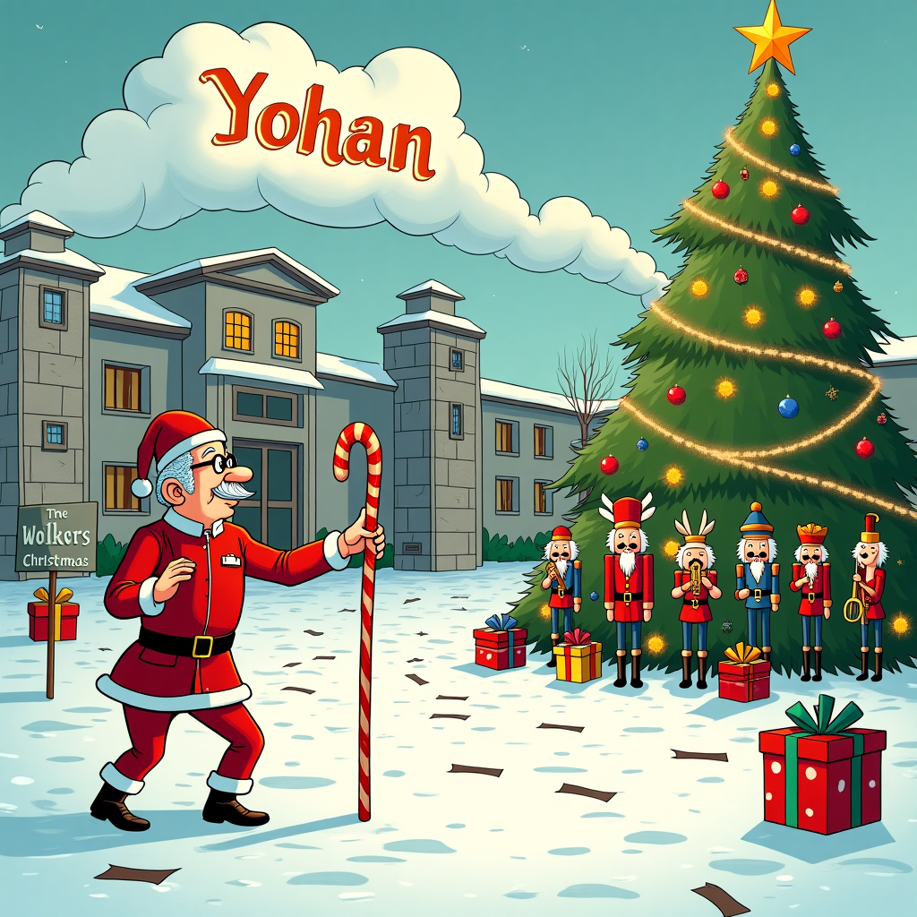 The scene unfolds in a whimsical, slightly surreal cartoon Christmas wonderland, drawing on the unique styles of classic artists. Picture an expansive, snow-covered courtyard within the grounds of a peculiar, festive mental asylum. To the right, a jovial warden, sporting a Santa hat and a uniform adorned with tiny bells, stands by a large, cartoonishly oversized Christmas tree. The tree is whimsically decorated with colorful straitjackets and twinkling LED restraints, giving it an eccentric holiday flair. The tree topper is a glittering star made of tinsel and padded cell lining. 

In the center of the scene, an eccentric-looking professor, complete with mad scientist hair and spectacles, is dressed in a festive red straitjacket. He holds a giant candy cane as if it were a wizard's staff, and he’s wearing reindeer antlers on his head, adding to the comedic charm. He’s conducting a chorus of animated, anthropomorphic nutcrackers, each holding a small, musical instrument in their hands - one with a violin, another with a trumpet, and one banging a drum with glee. 

The ground is peppered with footprints leading in all directions, as if a merry chase had recently taken place. In the sky above, large fluffy clouds spell out "Yohan" in a script of sparkling snowflakes, ensuring the recipient's name is playfully incorporated into the scene. Scattered around are Christmas gifts, wrapped in paper depicting classic comic panels, sitting on the snowy ground, and each is topped with a bow in the shape of a warden's key. A sign next to the tree reads "Welcome to the Annual Asylum Christmas Extravaganza!", setting the stage for a unique and festive story.
Generated with these themes: Mental Asylum Warden, Insane Professor, Straight jacket, and Restraints.
Made with ❤️ by AI.