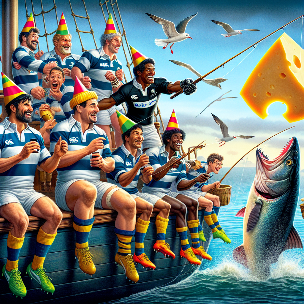 In the image, a rugby team appears to celebrate a birthday party on a ship with a serene sea setting. The members of the team, who are of various descents including Hispanic, Caucasian, Middle-Eastern, Black, and South Asian, are in festive mode wearing their team jerseys coupled with brightly colored party hats. Adding to the humor of the situation, they're attempting to fish using cheese as bait. One player from the group, a white male, is comically trying to reel in a huge fish that's leaping out of the water. Another player, a South Asian female, in a lighthearted moment, is accidentally flinging a wheel of cheese in a manner similar to a rugby toss, resulting in an amusing chaos as seagulls take off, eagerly pursuing the airborne cheese.
Generated with these themes: Welsh rugby, Sea, Boats, Fishing , and Cheese.
Made with ❤️ by AI.