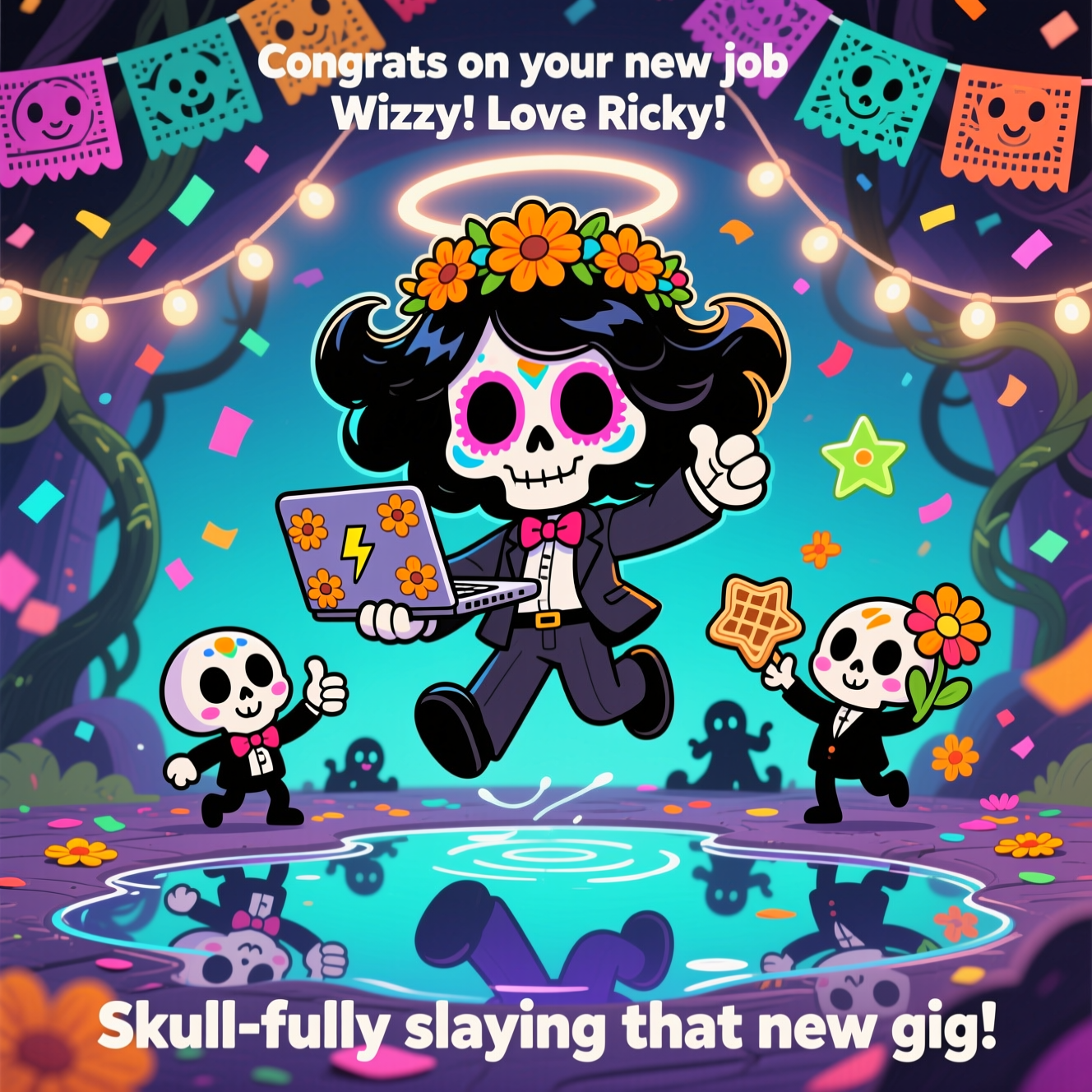 At the top of the Cartoon Style image, "Congrats on your new job Wizzy! Love Ricky"

At the bottom of the image, "Skull-fully slaying that new gig!"

- Center scene: A cute, chibi sugar skull character with glossy, flowing black hair styled in playful 80s volume, leaping in a triumphant pose. They wear a tiny celebratory flower crown of bright marigolds and a smart, mini office blazer, clutching a cheerful cartoon laptop covered in marigold and lightning-bolt stickers.
- Vibe mash-up: Day of the Dead celebration meets retro-supernatural. Glowing string lights snake across the background in an arched halo, with soft, friendly shadowy vines curling around them. Confetti rains down as papel picado banners flutter overhead.
- Upside-down twist: The ground becomes a shimmering portal puddle reflecting a cute, inverted version of the scene below—same sugar skull and marigolds, but tinted indigo and teal, with tiny smiling shadow creatures giving thumbs-up.
- Supporting cuties: Two mini sugar skull buddies (one in a bow tie, one with a flower) dance and toss star-shaped waffles and marigold petals like confetti.
- Composition and style: Exaggerated proportions, thick black outlines, bright saturated colors (magenta, marigold, teal, lime), energetic, whimsical poses, twinkly highlights, and bubbly, chunky lettering for the text.
Generated with these themes: Sugar Skulls, Stranger Things, Day of the Dead, Black Hair, and .
Made with ❤️ by AI.