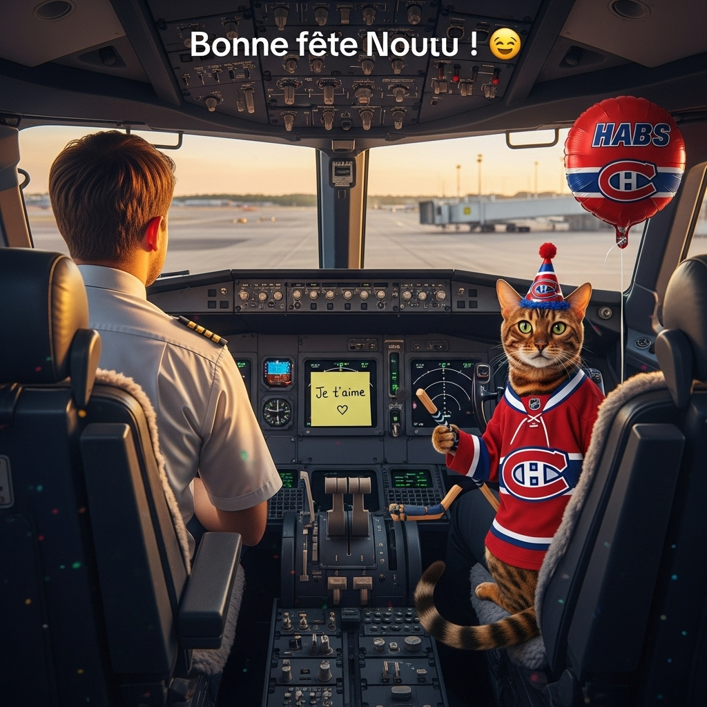 Pilote davion châtain de dos avec chat bengal et canadien de montreal hockey, Post-it écrit: Je t’aime ❤️, and Birthday Card