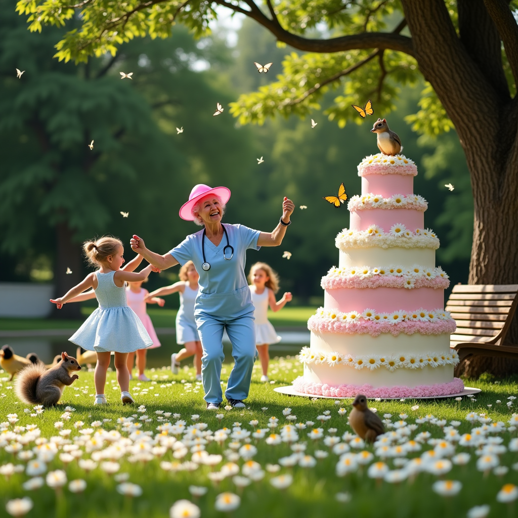 In the whimsical heart of a park, a birthday scene unfolds with delightful eccentricity. The scene is set on a sunny day, with a blanket of daisies spreading across the grassy expanse like a natural confetti. In the foreground, a spirited dance class is taking place, led by an elderly nurse with a bright pink hat and a stethoscope swinging rhythmically around her neck. She wears her scrubs with the flair of a ballroom dancer, leading a troupe of giggling children and a few sprightly adults through a series of exaggerated ballet moves, their laughter mingling with the sound of chirping birds. Nearby, a colossal birthday cake towers over the festivities, its tiers frosted in pastel shades, each layer adorned with sugar daisies mirroring those growing in the park. A whimsical touch, the cake's topper features a tiny figurine of the nurse leading the dance, captured mid-twirl. In the background, a picturesque pond glistens, with a family of ducks waddling by, quacking in apparent approval of the merriment. A wooden bench sits under an old oak tree, where a squirrel watches the proceedings with a bemused expression, nibbling on an acorn as if it were a party snack. The scene is rich with detail, from the lace-edged handkerchiefs of the dance participants to the little butterfly perched on the edge of the cake, making it a quirky tableau of celebration and nature intertwined.
Generated with these themes: Daisies, Parks, Nurse, Birthday Cake, and Dance class.
Made with ❤️ by AI.
