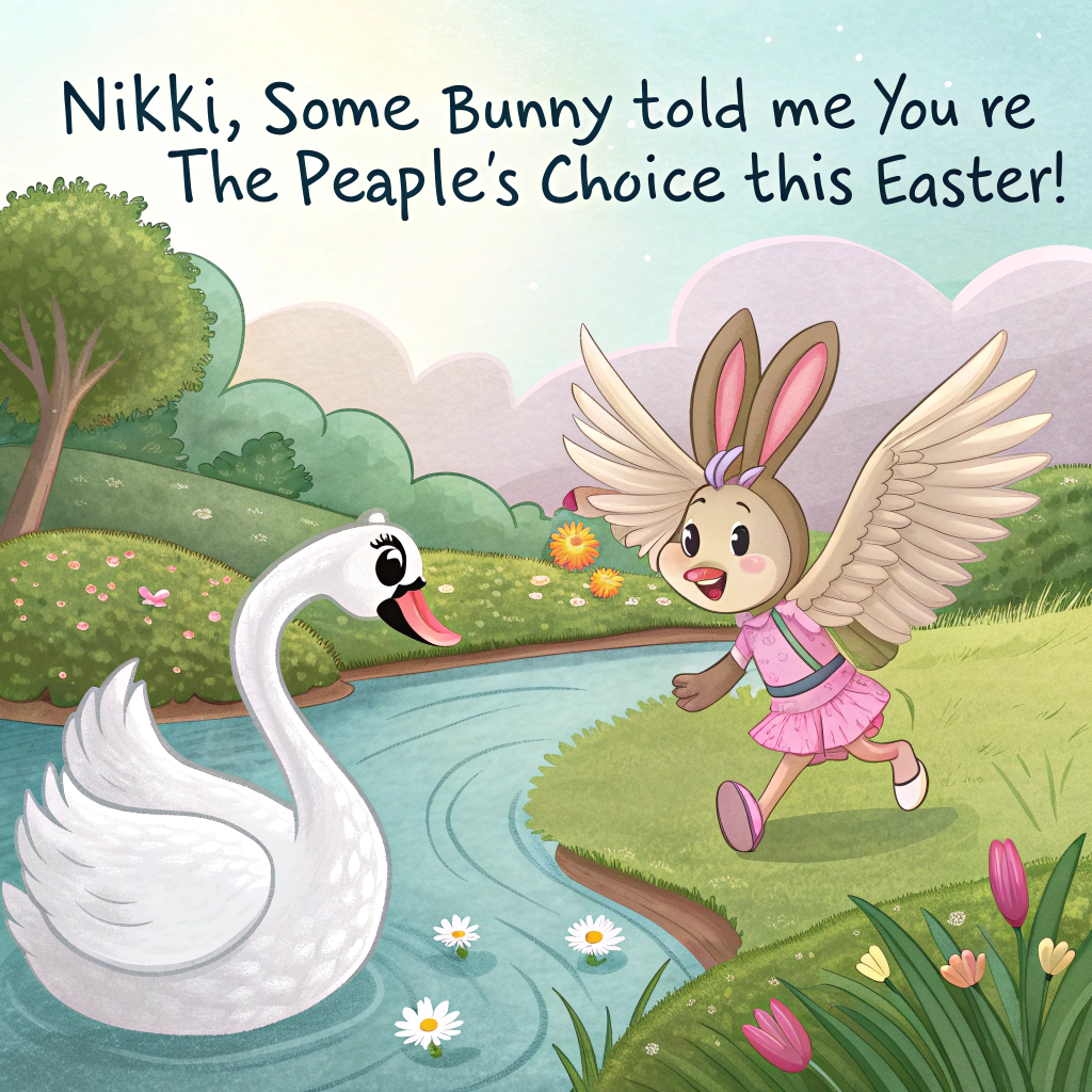 At the top of the image, "Nikki, some-bunny told me you’re the ‘peaple’s’ choice this Easter!"

- In the center of the image, illustrate a cheeky cartoon-style scene where a majestic but slightly flustered swan is being chased around a lily pond by a ridiculously happy pea wearing bunny ears and hopping madly on one tiny leg.

- The swan clutches a pastel Easter egg in its wing, clearly unsure how it got roped into this vegetable-powered pursuit.

- Scattered around the pond are signs reading “Hop to it!” and “No peashing allowed!” adding to the chaotic charm.

- The whole scene is vibrant, springy, and full of Easter cheer with hidden eggs peeking out from flowerbeds, giggling frogs, and maybe a tiny snail rolling an egg painted like a disco ball.
Generated with these themes: Swan and a happy pea.
Made with ❤️ by AI.