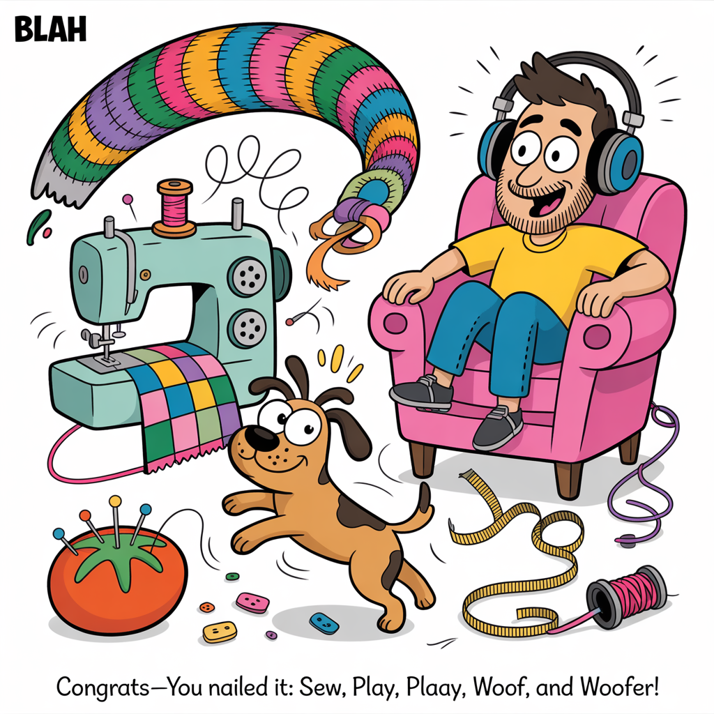 At the top of the Cartoon Style image, "Blah"

At the bottom of the Cartoon Style image, "Congrats—you nailed it: sew, play, woof, and woofer!"

- Playful, high-energy cartoon scene in a bright, cozy living room/craft corner. Exaggerated proportions, thick black outlines, and saturated colors (teal, tangerine, fuchsia, lemon, electric blue).
- Center-left: a whirring, oversized sewing machine stitching a swirling rainbow patchwork quilt that loops through the scene like a ribbon. Buttons pop like confetti; thread arcs create motion lines; a giant tomato pincushion bristles cheerfully with pins.
- Foreground: a goofy dog mid-bounce, tangled in a measuring tape and a stray headphone cable, tail accidentally pressing the sewing machine foot pedal. Big expressive eyes, flapping ears, and pawprints trailing through fabric scraps.
- Right side: the husband into audio with comically huge studio headphones, happily tweaking a colorful mini-mixer and stacked speakers. Musical notes and sound-wave squiggles float around; cables coil and swoop with cartoon swooshes.
- Background: the son playing—grinning kid in a tiny superhero cape, building a block tower and drumming a toy with the beat, reaching to catch a rolling bobbin the dog just launched. Dynamic, bouncy pose.
- The quilt’s flowing path visually ties everyone together, with playful patterns (paw prints, tiny music notes, and stitching motifs) but no extra text.
- Typography: headline and punchline in bold, hand-lettered bubble style with a bright drop shadow for readability; ample space so the text stands out.
- Overall vibe: funny, celebratory, and slightly chaotic in the best way—sewing, dog shenanigans, son’s playtime, and husband’s audio obsession all in joyful harmony. Portrait orientation, clean background details so characters and text pop.
Generated with these themes: Sewing, Dog, Son playing, Husband into audio, and .
Made with ❤️ by AI.
