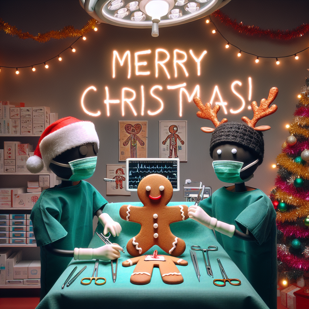 A whimsical operating room decked out in tinsel and lights with a Christmas tree in the corner, adorned with medical instrument ornaments. A cute cartoon surgeon, donning a Santa hat over their surgical cap, and a cheerful nurse with reindeer antlers are performing a mock ‘surgery’ on a gingerbread man. Above them, 'Merry Christmas!' is written in festive, bold lettering.
Generated with these themes: Surgeon, Nurse, Operating room, and Christmas tree.
Made with ❤️ by AI.