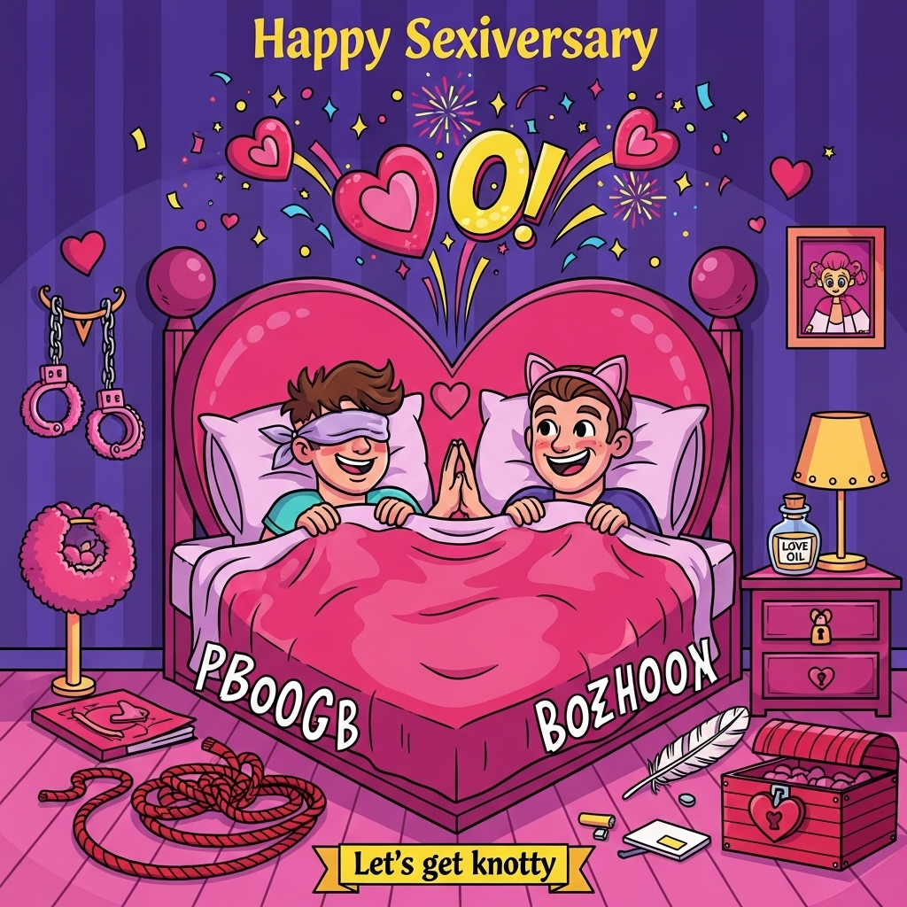 At the top of the Cartoon Style image, "Happy Sexiversary"

A bold, playful cartoon bedroom scene at night in bright saturated pinks, purples, and electric blues. A huge heart-shaped bed fills the frame with thick black outlines and exaggerated, bouncy proportions; comic “boing” lines curl from the bed springs. Two clearly adult, consenting characters are under a heart-shaped duvet—only their smiling faces, tousled hair, flushed cheeks, and high-fiving hands peek out. One wears a satin blindfold pushed up onto their forehead; the other sports a cheeky cat-ears headband. Above them, celebratory heart- and big “O”-shaped cartoon fireworks pop with sparkles and swooshing motion trails, suggestively hinting at an “O!” moment without showing anything explicit. Playful kinky props set the mood around the room: fuzzy pink handcuffs dangling from a bedpost, silky red rope coiled into cute heart knots on the floor, a feather tickler, and a small bottle labeled “Love Oil” on the nightstand beside a closed toy box with a heart-shaped lock. Whimsical details—floating hearts, confetti, starbursts, and curvy speed lines—amp up the energetic, orgasmic vibe. Style it with thick outlines, cel-shaded highlights, and lively, exaggerated poses and expressions; keep the composition full-bleed with clear space for the header.

At the bottom, include a small playful ribbon caption: "Let’s get knotty."

Important: suggestive and comedic only—no nudity, no explicit sex acts, no genitals or fluids, clearly adults.
Generated with these themes: Sex, orgasm, kinky, and .
Made with ❤️ by AI.