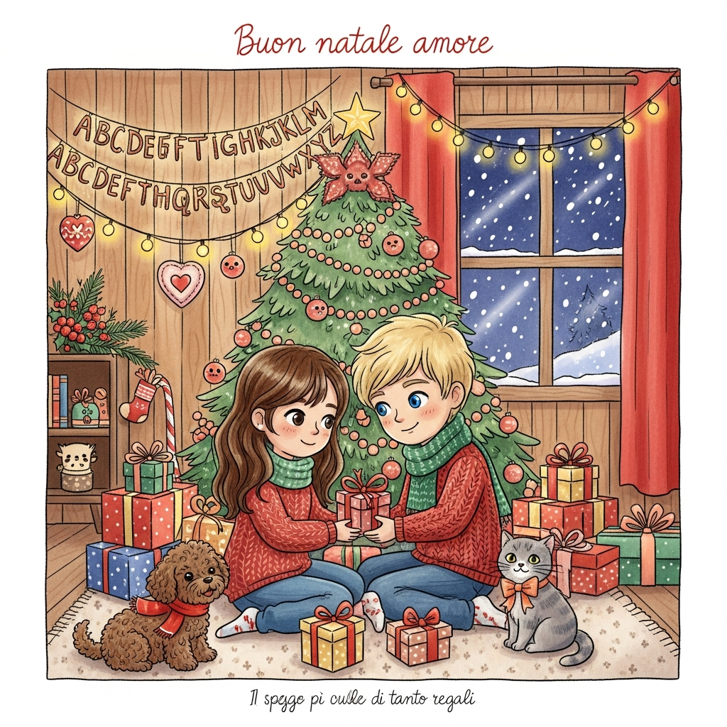 Stranger things serie tv, demogorgone luci , Due innamorati una femmina con capelli e occhi marroni e un maschio biondo occhi azzurri , Un lagotto romagnolo marrone , Un british shorthair grigio , Tanto amore e tanto regali , and Christmas Card