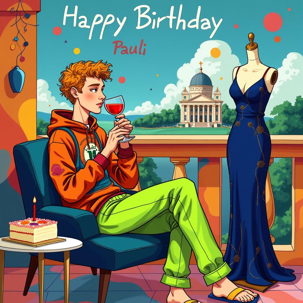 The scene unfolds on a modernistic, colorful balcony adorned with abstract geometric patterns that evoke the style of Piet Mondrian. Overlooking this vibrant setting is a stunning and dreamy rendition of the Vienna Opera House, painted with broad, expressive strokes reminiscent of Willem de Kooning. Seated in the foreground is a slender strawberry blond man sporting a curly short mullet and designer stubble. His eclectic outfit, inspired by Billie Eilish, features oversized neon-green pants and a matching hoodie, adorned with erratic lines and splashes of color akin to Jackson Pollock's artistic flair. As he relaxes in a contemporary, angular chair, he leisurely sips a vibrant red Campari drink from a glass that glistens beautifully in the light.

Next to him stands an elegant tailor's dummy donned in a silky and flowing dress that exudes a fluid elegance, with its shimmering texture captured in soft, delicate strokes inspired by Gerhard Richter. The deep sapphire blue of the dress is intricately woven with golden threads, imparting an opulent and dreamlike quality. Above the iconic Vienna Opera, fluffy clouds whimsically spell out "Happy Birthday Pauli" in a playful, childlike font that echoes the surreal style of Joan Miró. The bright and bold letters command attention against the azure sky.

Surrounding this lively scene are abstract elements reminiscent of Wassily Kandinsky's work, featuring floating shapes and lines that add a sense of movement and dynamism. To the left of the man, a small square cake rests on a minimalist table, its design decorated with colorful, abstract patterns resembling Cy Twombly's signature scribbles, topped with a single candle. 

The entire tableau forms a vibrant tapestry of abstract art and quirky details, coalescing to create a unique and memorable birthday greeting for Pauli. 

Generated with these themes: A slender strawberry blond man with a curly short mullet, designer stubble, dressed like Billie Eilish, sitting on a balcony, the Vienna Opera in the background, sipping a Campari drink, and a tailor's dummy with a silky dress.  
Made with ❤️ by AI.