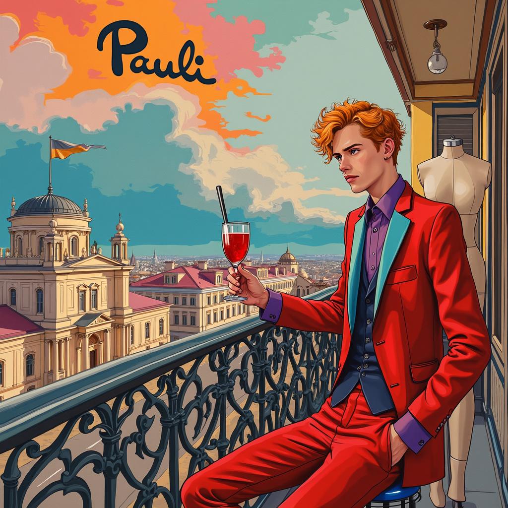 On a vibrant balcony that echoes the dynamic lines and colors reminiscent of Kandinsky's work, a slender strawberry blond man with a curly short mullet and designer stubble sits effortlessly in an oversized, eye-catching outfit evocative of Billie Eilish. The backdrop features the Vienna Opera, reimagined through Mondrian's geometric patterns and primary colors, masterfully blending classical architecture with modern abstraction. In his hand, he holds a Campari drink, its deep red hue splattered across the scene with the fluid strokes of Pollock. Next to him stands a tailor's dummy adorned in a silky dress that shimmer with the depth characteristic of Rothko’s color fields, adding a luxurious texture to the composition. Above, the sky plays host to an amalgamation of Miró's whimsical forms and Twombly’s chaotic scribbles, creating a dreamy expanse. Amidst the abstract clouds, the name 'Pauli' is artistically inscribed, invoking the image of a celebratory skywriting banner. The entire scene is framed by subtle hints of de Kooning's expressive brushwork and Malevich’s spatial dynamics, resulting in a visually stunning, birthday-themed tableau that is both quirky and sophisticated.

Generated with these themes: A slender strawberry blond man with a curly short mullet, with a designer stubble, dressed like Billie Eilish, sitting on a balcony, the Vienna Opera in the background, sipping a Campari drink, and a tailor's dummy with a silky dress.  
Made with ❤️ by AI.