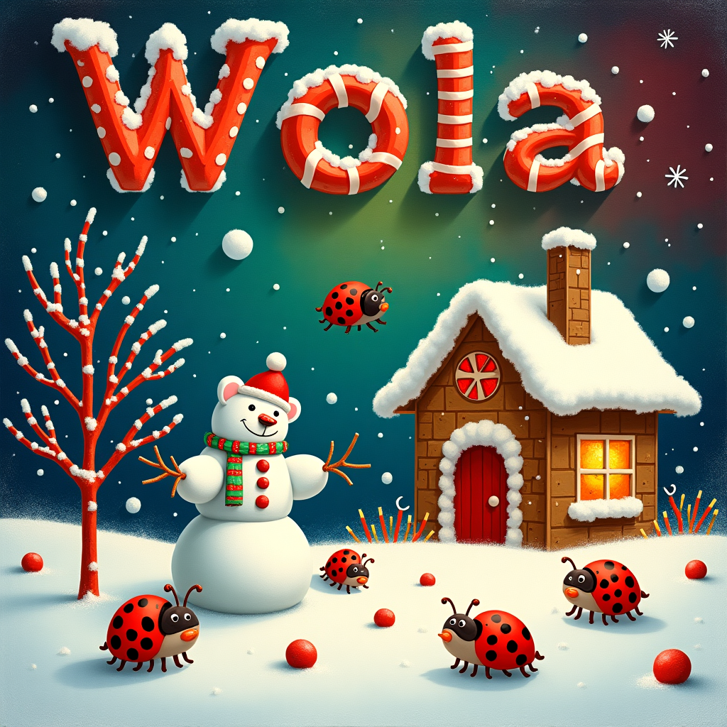 In a swirling cosmos of color and whimsy, a fantastical Christmas greeting card unfolds. Picture a snow-draped landscape where ladybugs, dressed in miniature Santa hats, meticulously roll little balls of snow. They construct a charming snowman made entirely of plush teddy bear elements—its face is stitched with red thread smiles, and buttons are candy-cane spirals. Nearby, a snowman stands tall, but upon closer inspection, it's a bear! Its rounded snow body is decorated with coal buttons that resemble chocolate chips, and it has a scarf knitted from colorful strands of licorice. Under a sky painted with a Mondrian-like grid of vibrant reds, greens, and icy blues, snowflakes twinkle like Pollock's splatters, cascading gently over the scene. A gingerbread bakery, with walls iced in Rothko-esque layers of brown and cream, sits cozily to one side, emitting a warm, inviting glow. Through the window, gingerbread men, donning ladybug icing motifs, emerge fresh from the oven. Above, the recipient's name "Wiola" is whimsically written in fluffy clouds that span the sky, each letter resembling a different element from the scene—W is shaped like gingerbread, I resembles a candy cane, O is a snowball, L is formed from twigs of a snowman's arm, and A is crafted from interlacing ladybugs. This extraordinary tableau blends the ethereal touch of Kandinsky's abstract expressions with a playful nod to Miró's organic shapes, resulting in a captivating holiday card design.
Generated with these themes: Ladybugs making a teddy snowman, Snowman teddy bear, Christmas scene, and Baking ginger bread.
Made with ❤️ by AI.