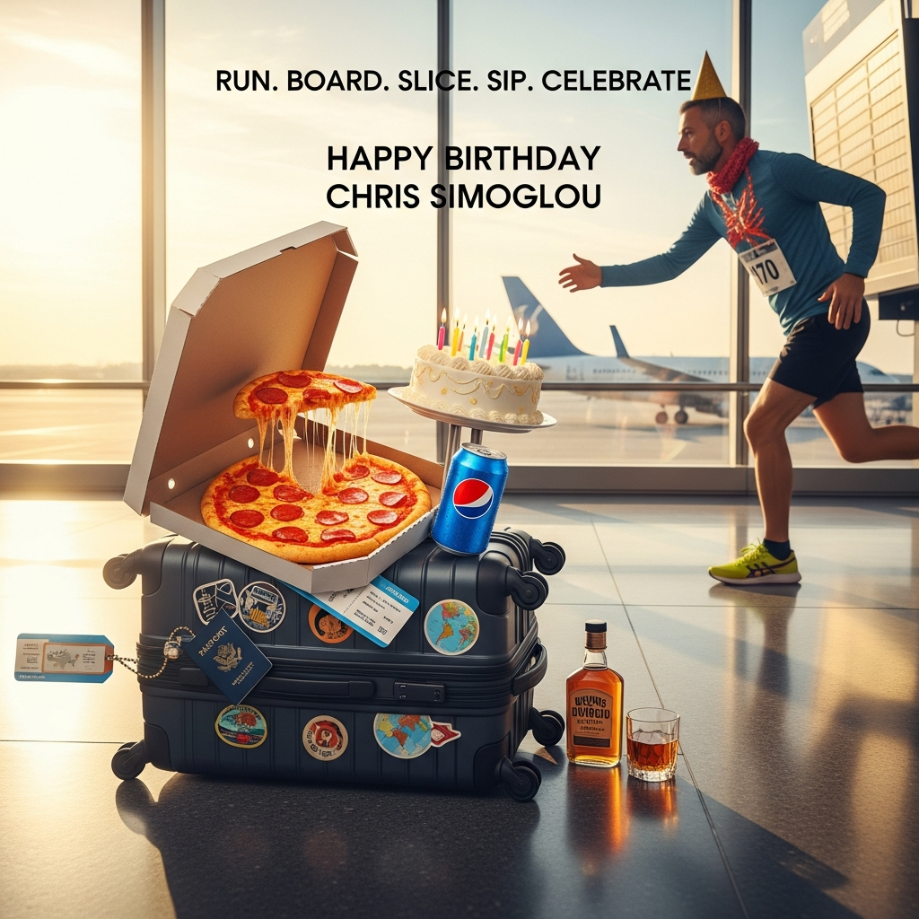 At the top of the Photorealistic picture taken from a camera image, Happy Birthday Chris Simoglou

Ultra-high-definition 4K UHD photorealistic photograph with accurate lighting, lifelike textures, and rich depth of field. A funny, kinetic scene inside a sunlit airport departures hall: in the foreground, a carry-on roller suitcase zips across a polished floor, stacked precariously with a hot pepperoni pizza in an open box, a classic frosted birthday cake with colorful candles, an ice-cold can of Pepsi Cola beaded with condensation, and a small bottle of bourbon glowing amber in the light. A passport and boarding pass peek from under the pizza lid; the suitcase is covered in bright travel stickers and a world-map luggage tag swings mid-air. An adult runner in neon trainers, party hat, and race bib sprints alongside, mid-stride, reaching for the runaway feast—motion blur on the runner’s legs and the suitcase wheels, while the pizza’s gooey cheese, the cake’s frosting swirls, the Pepsi can’s droplets, and the bourbon glass reflections are in razor-sharp focus. Floor-to-ceiling windows reveal a jet on the tarmac and a softly blurred departures board in the background. Natural morning light streams from the left, realistic reflections on the floor, shallow DOF with creamy bokeh. Shot on a full-frame DSLR, 35mm lens at f/2.8, ISO 200, 1/1000s. Top text centered and clean in white sans-serif with a subtle drop shadow.

At the bottom in small playful text, “Run. Board. Slice. Sip. Celebrate.” in white sans-serif with a gentle shadow.
Generated with these themes: PIZZA, PEPSI COLA, RUNNING, BOURBON, BIRTHDAY CAKE, TRAVEL, and .
Made with ❤️ by AI.