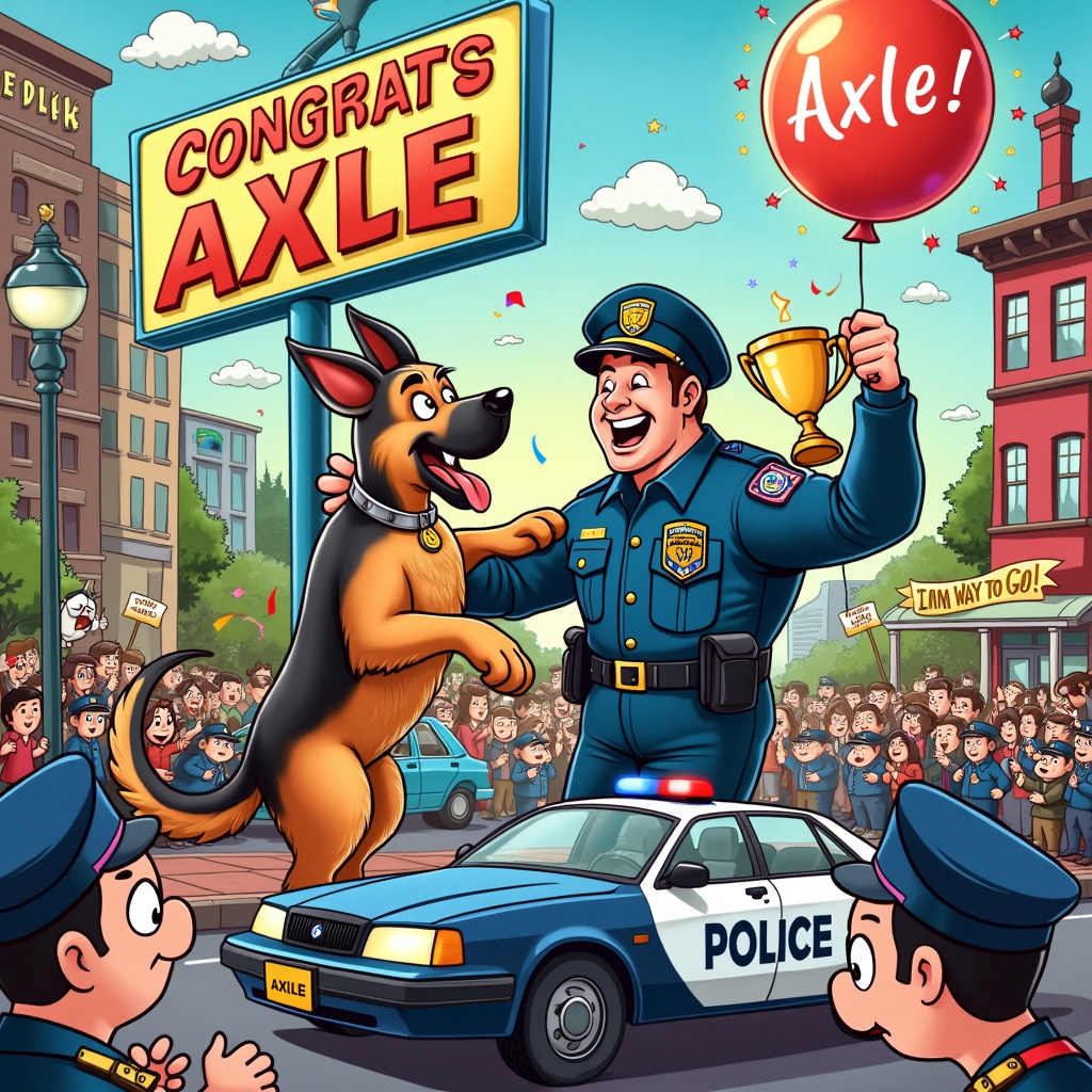 In the bustling heart of a lively, cartoonish city, the scene unfolds in front of a colorful police station, its sign boldly painted in cheerful blue and white. To the left of the station, a triumphant German shepherd, wearing a police badge on his collar, is playfully nipping the arm of a uniformed policeman who is laughing and holding up a golden trophy in his other hand. The German shepherd's sharp teeth are gently grasping the sleeve, creating a humorous juxtaposition with his wagging tail and wide, joyful eyes. The policeman's hat is slightly askew, adding to the lighthearted feel of the scene.

In the background, towering buildings with whimsical, exaggerated windows and chimneys loom, and a bright red balloon floats in the sky with the word "Axle" written on it in festive, glittery letters. Below the balloon, the sky is dotted with fluffy clouds that seem to smile down on the celebration. A police car parked in front of the station has streamers and confetti exploding out of its windows, emphasizing the joyous occasion.

Near the bottom of the card, in a style reminiscent of a classic comic strip panel, an enthusiastic crowd of cartoonish characters cheer and clap, with some holding signs that say "Congrats Axle!" and "Way to Go!" The crowd includes a mix of police officers, civilians, and a few more friendly-looking dogs, all drawn with exaggerated expressions and distinctive features to add personality.

On a nearby lamppost, a small, cheeky bird perches, holding a tiny banner in its beak that reads "Congratulations Axle!" in vibrant, playful lettering. The entire scene is framed with a border of stars and laurels, giving it a celebratory, award-winning vibe. 

This greeting card cover is a burst of color, humor, and congratulatory cheer, all centered around the recipient's achievement and the playful interaction between the German shepherd and the policeman.
Generated with these themes: German shepherd biting mans arm, and Police.
Made with ❤️ by AI.