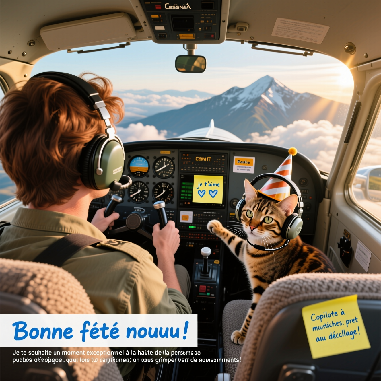 Pilote d’avion châtain de dos, Cessna 172, Post-it écrit: je t’aime ❤️❤️, Bengal, and Birthday Card