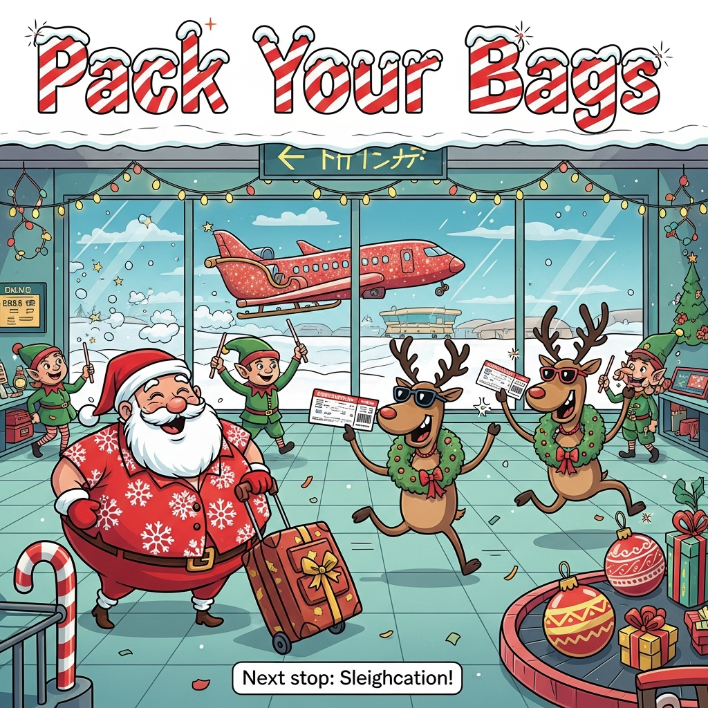 At the top of the Cartoon Style image, the text "Pack Your Bags" in big candy-cane striped bubble letters with snowy puffy edges and twinkle sparkles.

A funny Christmas travel scene inside a festive airport: Santa (round and bouncy) in his red coat over a loud snowflake Hawaiian shirt, grinning as he wrangles an oversized gift-wrapped roller suitcase; two reindeer with goofy smiles, wreath neck pillows, and sunglasses, prancing with exaggerated long legs while clutching cookie-shaped boarding passes; bustling elves as ground crew waving candy-cane batons; through huge windows, Santa’s sleigh converted into a sparkly jet with tiny wings taxiing on a snowy runway; baggage carousel looping giant ornaments and wrapped presents; snowflakes drifting indoors, fairy lights, candy-cane queue posts. Bright saturated reds, teals, limes, and golds; thick black outlines; exaggerated proportions; whimsical, energetic poses; motion swishes, confetti sparkles; big playful expressions. Portrait orientation, large central characters, clean space behind the top text, no other legible signage.

At the bottom of the Cartoon Style image, a small cheeky caption: "Next stop: Sleighcation!"
Generated with these themes: Travel, and .
Made with ❤️ by AI.