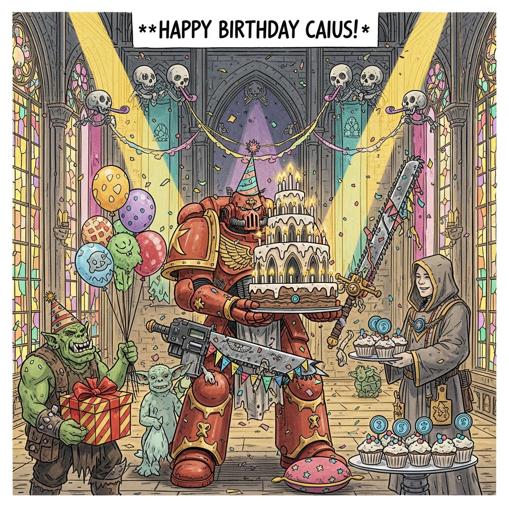 At the top of the Illustration Style image, “Happy Birthday Caius!”

Hand-drawn illustration with fine linework and textured brush strokes, warm expressive color palette, balanced composition. A humorous Warhammer 40K–inspired birthday truce inside a soaring gothic starship hall. Center frame: a towering power‑armored supersoldier in ornate red-and-gold armor, a comically tiny paper party hat perched on his helmet, proudly presenting a multi‑tier cathedral‑shaped cake bristling with candles; the candlelight paints soft amber highlights. His fearsome chainsword is harmlessly wrapped in streamers and confetti, bolter slung with bunting. Left side: a grinning green ork in a crooked cone hat, offering a hazard‑striped gift with an absurdly big bow, clutching a bunch of mismatched balloons (one shaped like a squig). Right side: a friendly robed tech‑priest, mechadendrites serving cupcakes with purity‑seal toppers; cheerful servo‑skulls hover overhead tooting party blowers and trailing ribbon garlands. Background: stained‑glass windows casting gold, magenta, and teal shafts of light; towering arches and banners; a gentle snow of confetti; festive, no battle or gore. Playful details: purity seals as candle labels, a whoopee cushion on the deck, a grot peeking from behind balloons. Soft, cozy lighting; expressive gestures; cross‑hatched shading; painterly textures on armor and stone; clean negative space around the headline.

At the bottom on a small scroll banner, add: “For the Emperor—and the cake!”
Generated with these themes: Warhammer 40k, and .
Made with ❤️ by AI.