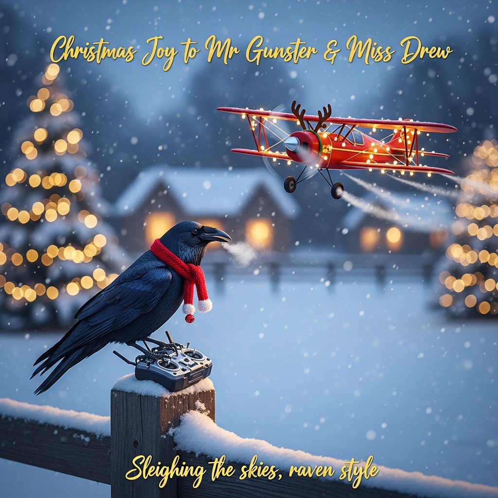 At the top of the Photorealistic picture taken from a camera image, Christmas Joy to Mr Gunster & Miss Drew

Ultra-high-definition 4K UHD vertical portrait photograph, accurate lighting, lifelike textures, rich depth of field, cute Christmas mood. Twilight snowfall in a cozy park of snow-laden evergreens wrapped in warm fairy lights, distant cottage windows glowing softly. In the foreground, an elegant raven with glossy, iridescent black feathers and regal posture perches on a snow-dusted wooden fence post, wearing a tiny crimson knit scarf with a little jingle bell; faint breath visible in the cold. In its talons rests a compact RC transmitter with realistic toggles; the raven’s beak gently nudges a joystick as it pilots. Mid-air, a festive red-and-cream RC biplane decorated with warm micro-LED string lights and tiny reindeer antlers on the nose arcs playfully across the scene; subtle motion blur on the spinning prop and wingtips while the raven remains tack-sharp. Composition follows rule-of-thirds (raven left foreground, plane right mid-distance) with a dynamic diagonal between them; soft snowflakes drifting, creamy golden bokeh from the lights behind. Lighting mixes cool blue hour ambience and warm golden highlights, with a delicate rim light tracing the raven’s feather edges; micro-detail visible in feather barbs and snow crystals. Camera look: full-frame 85mm lens, f/2.8, 1/1000s, ISO 200; high dynamic range, natural color grade; no exaggerated effects.

Text styling: the top line in elegant gold-foil script with a soft white glow and subtle drop shadow for legibility against the sky. At the bottom of the image, add a small playful caption in warm white handwritten script: “Sleighing the skies, raven-style!” Minimal text, large image focus. No logos, no watermarks.
Generated with these themes: Elegant raven is flying a rc plane, and .
Made with ❤️ by AI.