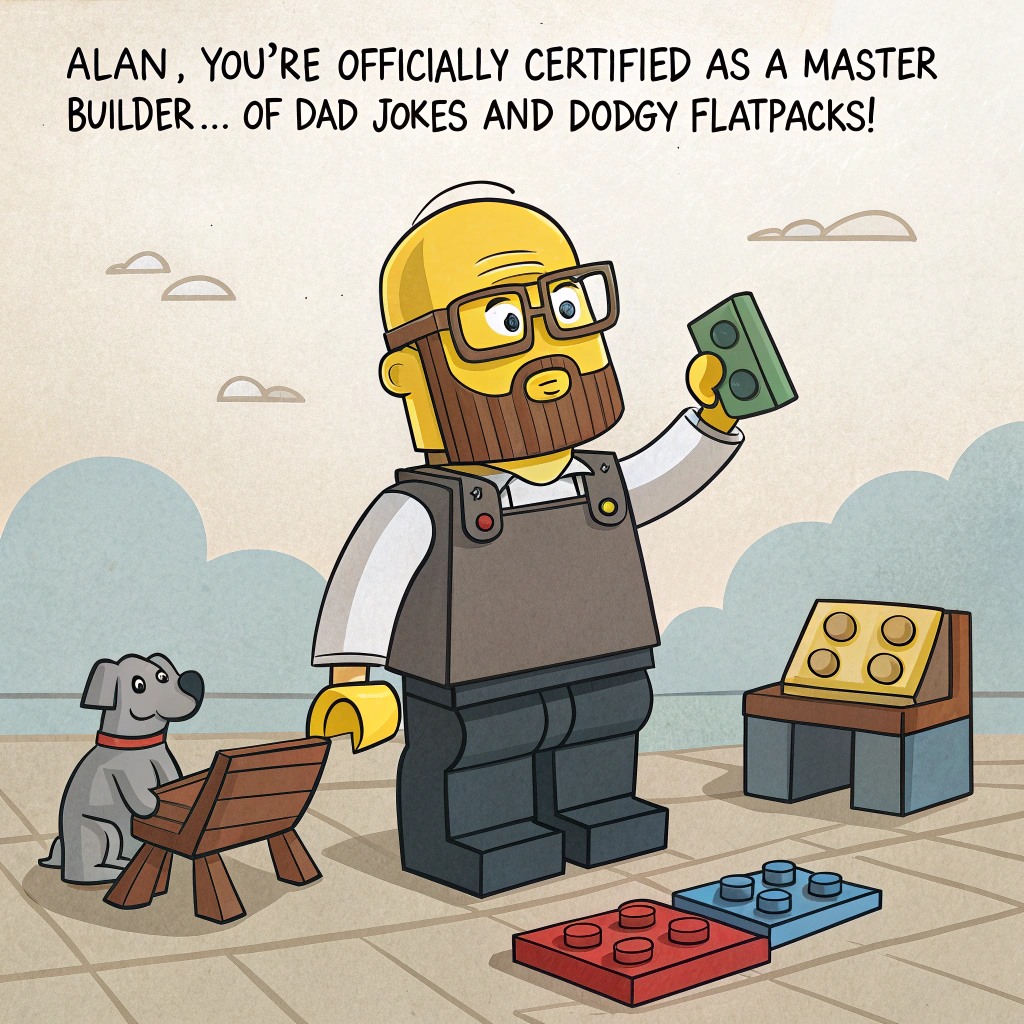 At the top of the image, "Alan, you're officially certified as a Master Builder... of Dad Jokes and Dodgy Flatpacks!"

- In the center of the image, illustrate a comically blocky LEGO-style cartoon man with a bald yellow head, wearing tiny glasses perched on a square nose. He has a bushy grey-brown beard, half-built LEGO furniture scattered at his feet, and he's proudly holding up a “finished” wobbly chair made of mismatched blocks.

- Nearby, a confused LEGO dog sits with an instruction manual on its head.

- A banner in the background reads: “Birthday Build Level: Expert(ish)” 

- The mood is cheerful and silly, with bright colors and expressive, exaggerated faces on all characters.
Generated with these themes: Lego bald man with grey/brown beard and glasses, and .
Made with ❤️ by AI.