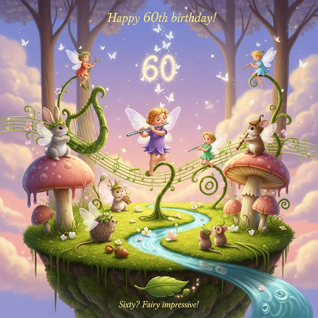 At the top of the Surreal Style image, "Happy 60th birthday!"

A dreamlike, Dali-esque woodland glade floats like a mossy island beneath a lavender-pink sky, bathed in ethereal golden light and soft pearly haze. Center stage: a sweet, chubby-cheeked fairy with opalescent wings plays a silver flute that bends and gently melts into a flowering branch; each note lifts off as an iridescent butterfly. The butterflies spiral upward, subtly forming a glowing “60” halo in the air. Small woodland animals—wide-eyed rabbits, a hedgehog, and two tiny mice—perch on oversized pastel toadstools that droop like taffy, wearing leaf-crowns and acorn caps, paws clasped as they listen in wonder. More fairies, dainty and luminous, perch on curling vines and play twig-flutes and miniature panpipes; musical staves weave through the scene as living green vines sprouting blossoms and butterflies. A ribbon-like stream of liquid sky winds through the moss, reflecting the ensemble upside down; background trees stretch into harp shapes, and soft flute-shaped clouds drift by. Color palette: mint, blush, lavender, buttercream, with gold accents; glowing dust motes, whimsical bokeh from fluttering wings. Composition: vertical full-bleed; cute, heartwarming expressions; shallow depth of field on the central group; painterly, high-detail surrealism with melting forms and an otherworldly glow. Render the title text in airy, pearlescent hand-lettering lightly entwined with tiny butterflies.

At the bottom on a small floating leaf-ribbon, add the cheeky caption: "Sixty? Fairy impressive!" in delicate gold-tinted script.
Generated with these themes: Fairies, small woodland animals, butterflies, music, flutes, , and .
Made with ❤️ by AI.