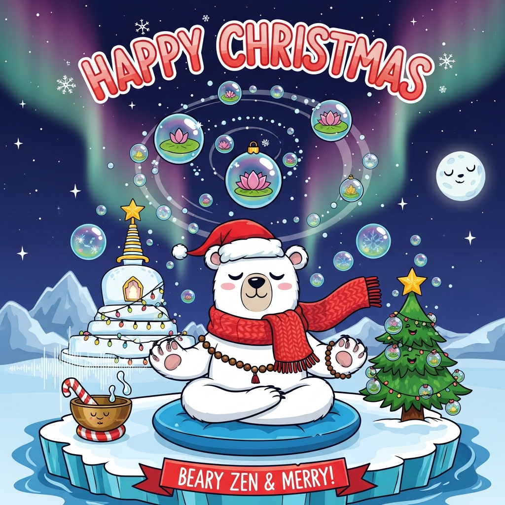 At the top of the Cartoon Style image, Happy Christmas  Mand in chunky candy-cane red-and-white hand-lettering with a soft golden glow and tiny snowflake sparkles.

Cute Cartoon Style, playful and vibrant with exaggerated proportions, thick outlines, bright saturated colors, and a whimsical, energetic vibe. Center stage: a big-headed, fluffy polar bear sitting cross-legged in lotus pose on a round icy floe shaped like a blue lotus cushion; tiny Santa hat tilted, cozy red knit scarf fluttering, eyes gently closed with a serene smile; paws in gyan mudra; a simple wooden mala bead bracelet. All around the bear, a joyful spiral of glossy soap bubbles drifting like snow, rainbow sheens; some bubbles look like baubles with tiny gold caps, others contain little lotus and snowflake motifs, forming a soft mandala swirl overhead. To one side, a cute bronze singing bowl with a candy-cane striped striker; gentle sound waves morph into more sparkling bubbles. Behind, a petite snow stupa wrapped in warm fairy lights and topped with a golden star; a cheerful cartoon pine with bubble ornaments. Nighttime Arctic backdrop with twinkly stars, a big friendly moon, and sweeping aurora borealis ribbons in teal and magenta. Portrait orientation, full-bleed, large central subject, soft glow lighting, crisp vector-style linework, bold shadows and bright highlights, super cute mood.

Small caption at the bottom on a ribbon: Beary Zen & Merry!
Generated with these themes: Polar bear  bubbles buddhism , and .
Made with ❤️ by AI.