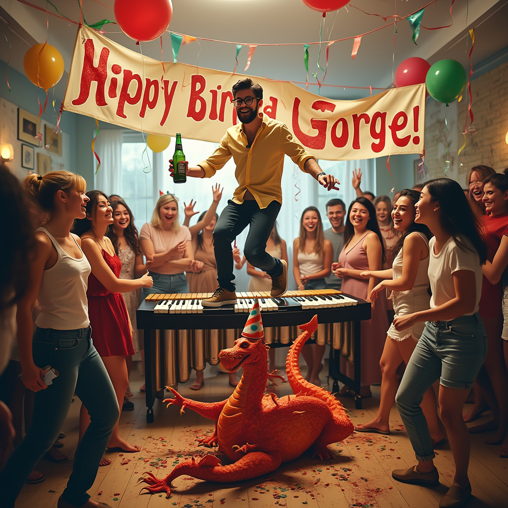 In a lively music room filled with the playful sound of marimbas and laughter, George, a man with striking black hair and round black glasses, is the center of a joyous celebration. He stands precariously but jubilantly on a long marimba, his feet tapping out an impromptu rhythm as he clinks a frosty beer bottle against an oversized slice of pizza in his other hand. The music room is festooned with colorful decorations, with streamers hanging from the ceiling and balloons hovering above. The pièce de résistance is a large, whimsical banner stretched across the room, with bold, playful lettering that reads "Happy 21st Birthday, George!"—each letter crafted to resemble the keys of a marimba. In a delightful twist, a cheeky Welsh dragon with vivid red scales and a festive party hat joins in the revelry, dancing with spirited energy on the floor below George. This dragon sways with rhythmic grace, his tail inadvertently keeping beat on a smaller marimba laid beside him. Surrounding George, his girlfriends laugh and cheer him on, some capturing the moment on their phones, others joining in the music with their own dance moves. Their excitement fills the air, mingling with the aroma of freshly baked pizza. The whole scene is a celebration of life and music, with George at its jubilant heart, his name prominently displayed and celebrated in the vibrant chaos around him.
Generated with these themes:  George is stood on a long marimba in a music room, He has black hair and black round glasses, He's a man , Its a party celebrating his birthday with girlfriends, He's drinking beer , He's eating pizza, There is a banner saying happy 21st,  a welsh dragon is dancing, and He is dancing.
Made with ❤️ by AI.