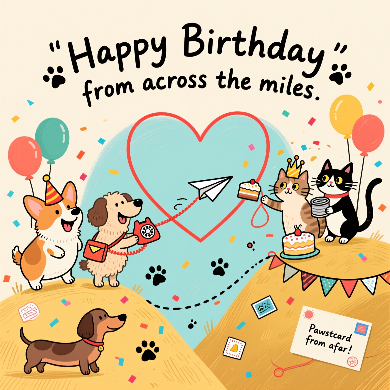 At the top of the Illustration Style image, “Happy Birthday from across the miles” in playful hand-lettered script, gently arched, with tiny paw-print flourishes.

Hand-drawn, funny scene of silly dogs and cats separated by distance but connected in the cutest way: on the left, a joyful crew of dogs (a corgi in a party hat, a long dachshund wearing a tiny mailbag, a fluffy mutt holding a tin-can telephone) stand on a small hill dotted with balloons and confetti. On the right, a cheeky team of cats (a smug tabby in a paper crown, a wide-eyed calico batting confetti, a tuxedo cat with the other tin can) perch on a matching hill with a tiny cake and bunting. A bright red yarn/string connects the cans, swooping across the middle in a heart-shaped arc; along the line, little paper airplanes, paw prints, and mini postage-stamp doodles trail like a dotted path. One dog tries to send a cake slice by paper airplane; a cat reaches with a yarn lasso—chaos, giggles, and zoomies all around.

Warm, expressive color palette: honey-cream background, terracotta and coral accents, mustard yellows, soft teal and sky blue, with ink-black fine linework. Textured brush strokes for fur, subtle crosshatching in shadows, and a gentle grain to suggest textured paper. Balanced composition with the two animal groups mirroring each other, generous negative space around the heart-arc string. Keep faces big-eyed and expressive, tongues out, whiskers splayed; confetti and tiny stars drifting upward.

Small extra text (single cheeky line): on a little floating postcard near the bottom right, hand-scribbled in small caps: “Pawstcard from afar!”
Generated with these themes: Silly dogs and cats, and .
Made with ❤️ by AI.