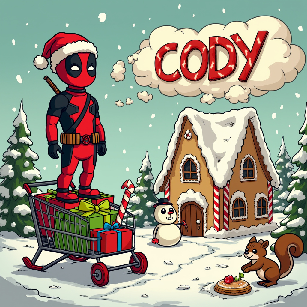 In a snowy, whimsical landscape reminiscent of Charles Schulz's Peanuts Christmas scenes, our greeting card unfolds a mischievously delightful tableau. The centerpiece of the scene is Deadpool, donning a Santa hat slightly askew, his iconic red and black suit contrasting against the pristine white snow. He stands atop a makeshift sleigh, constructed humorously from an old shopping cart and a pair of red skis, nodding to Bill Watterson's Calvin and Hobbes. The sleigh is loaded with unconventional Christmas gifts: a toy grenade wrapped with a bright green bow, a pair of mismatched fuzzy socks, and a giant candy cane comically bent into a katana.

Surrounding Deadpool are snowmen with expressive faces in the style of Gary Larson's The Far Side, each sporting paper masks that mimic Deadpool's own mask, giving the illusion of a mini Deadpool army. In the background, towering candy canes line a cobblestone path that leads to a gingerbread house designed with meticulous detail, its gumdrop roof and peppermint windows a nod to the detailed world-building of Hergé's Tintin.

Above this lively chaos, the sky is a swirl of pastel hues, reminiscent of Winsor McCay's dreamlike skies in Little Nemo in Slumberland. Boldly spelled out in fluffy clouds is the name "CODY", crafted as though painted by the hands of mischievous elves, a cheeky grin tucked into the loops of each letter.

In the foreground, a mischievous squirrel, styled in the zany manner of R. Crumb's characters, nibbles on a stolen Christmas cookie, its gaze daring anyone to challenge its find. Meanwhile, a tinny sound echoes through the scene, as a gramophone beside Deadpool plays a warped rendition of "Jingle Bells", a musical twist courtesy of the playful chaos.

This quirky, cartoonish Christmas scene blends holiday charm with a dash of Deadpool's irreverent humor, offering a festive visual story that's sure to bring a smile to Cody's face.
Generated with these themes: deadpool.
Made with ❤️ by AI.