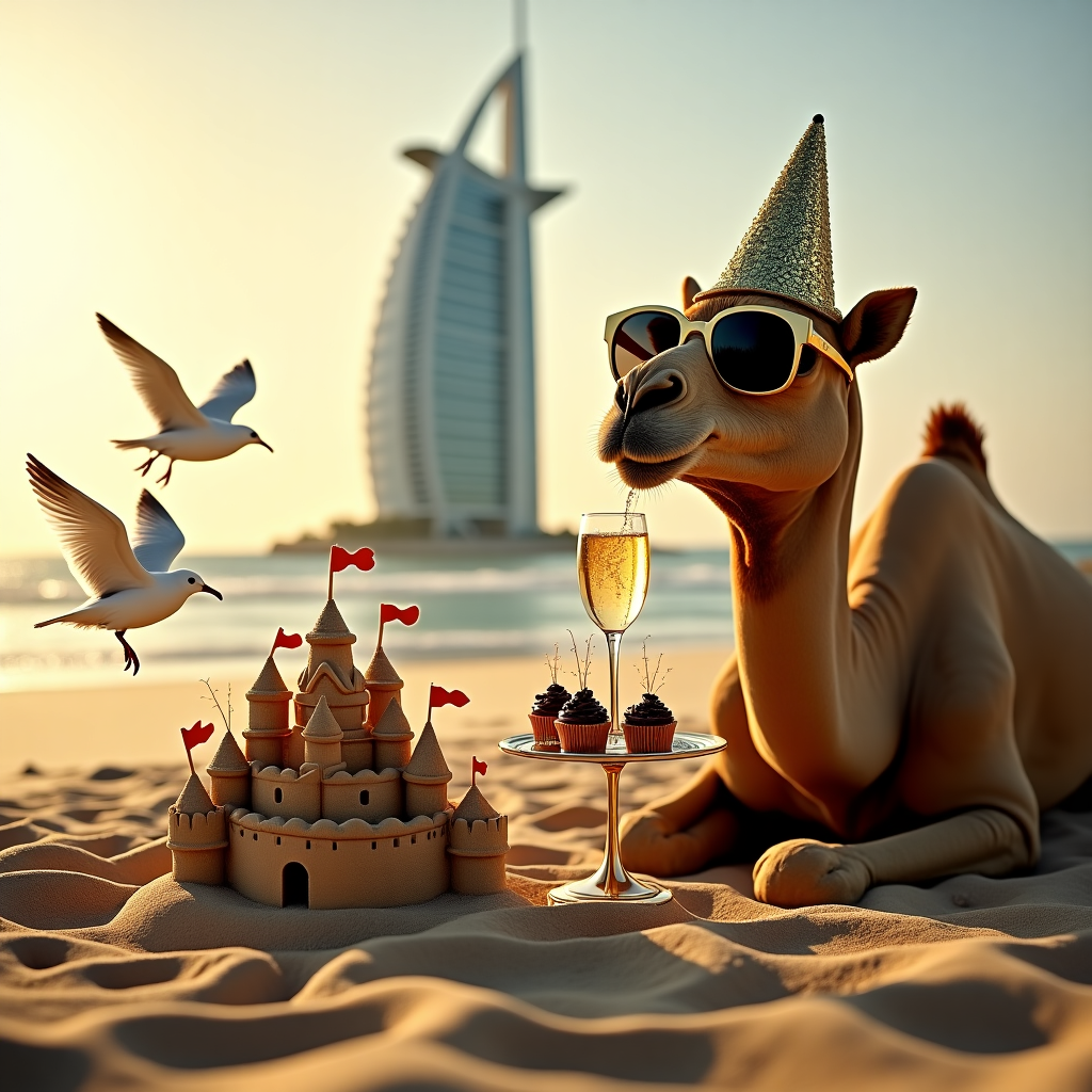 The scene unfolds on the shimmering sands of a Dubai beach, with the iconic Burj Al Arab standing majestically in the background, its sail-like structure catching the golden glow of the setting sun. In the foreground, a camel is humorously sipping champagne from a fluted glass, elegantly balancing it on its hump. The camel wears oversized, flashy sunglasses and a sequined party hat tilted jauntily to the side. Next to the camel, a small table made of gleaming gold is set up, bearing a decadent spread of caviar, chocolate-covered dates, and tiny cupcakes topped with sparklers. In a playful twist, a small group of lavishly dressed seagulls in tiny tuxedos and bow ties are seen in mid-air, each holding a balloon in their beak. To the side, a sandcastle replica of the Burj Khalifa towers over a miniature beach scene, complete with tiny flags and a moat filled with bubbly champagne. The caption, “Popping Bottles in the Desert!” is whimsically etched in the sand, catching the eye and perfectly tying together the themes of luxury and celebration.
Generated with these themes: Champagne , and Dubai.
Made with ❤️ by AI.