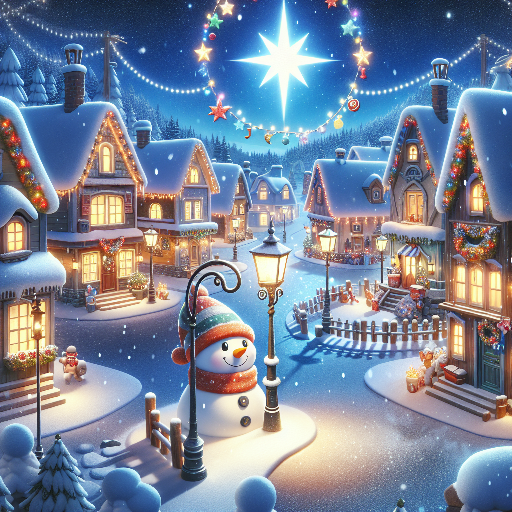 The image captures a quaint, cartoonish Christmas village, blanketed in soft white snow. Colorful cottages with glowing windows line the winding street, and a cheerful snowman with a carrot nose stands at the village square. Festive garlands and red ribbons adorn the street lamps, and a clear night sky above is lit by a bright, shining star. Noticeably absent are any animals or human figures, ensuring the focus remains on the charming winter architecture and holiday decorations.
.
Made with ❤️ by AI.
