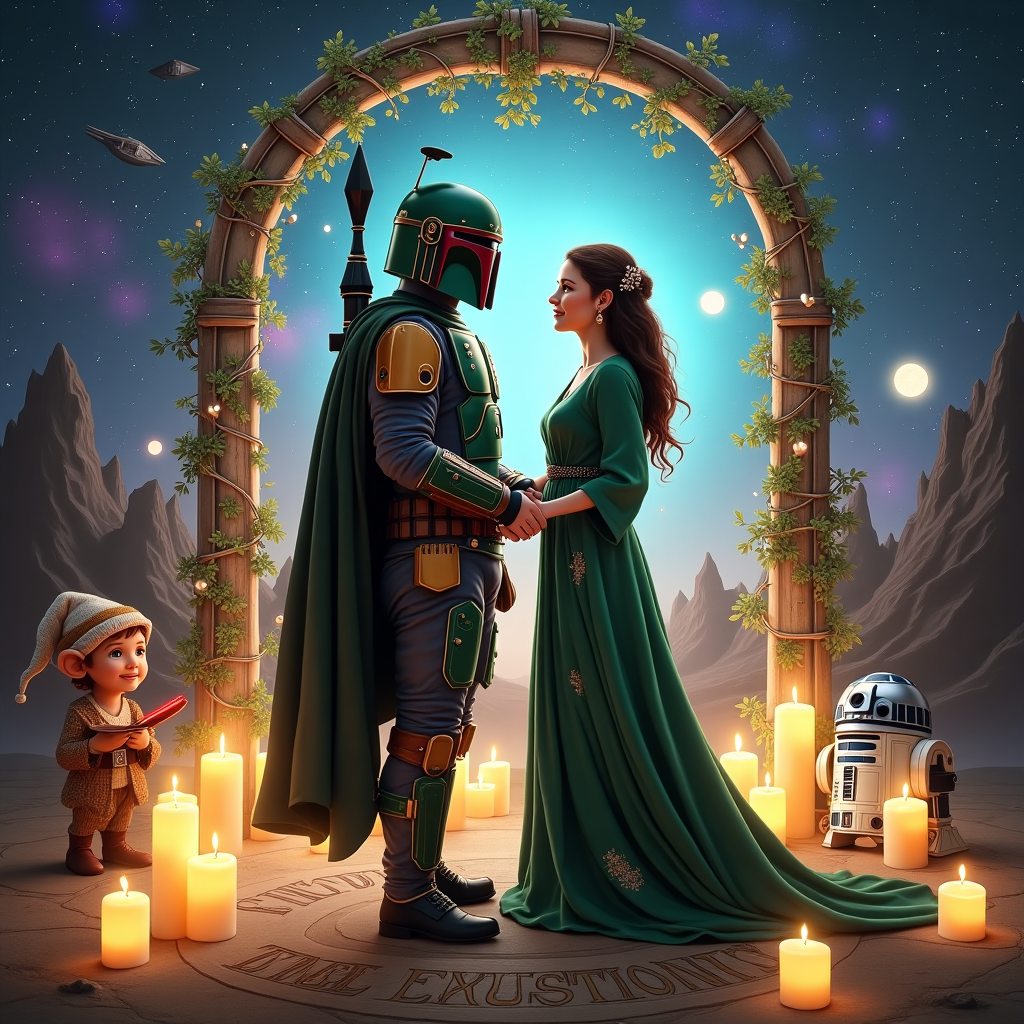 Front and center of the card, place the groom and bride as the focal point. The groom stands confidently clad in Boba Fett’s iconic Mandalorian armor. The armor is primarily green, with the iconic visor gleaming black. Adorn it with subtle gold and silver filigree patterns, reminiscent of intricate wedding bands, to add a touch of elegance.

Beside him, the bride is wrapped in an elegant set of wizarding robes. The robes are a deep, rich emerald green, with gold embroidery depicting swirling vines and stars. Her wand, a slender piece of polished wood, emits a sparkling, luminescent blue aura, illuminating her face. Her other hand holds the groom's armored glove, their fingers entwined in a visual display of unity.

Surrounding the couple are several floating candles, glowing with a soft, warm yellow light. These hover around them, suspended in the cosmic backdrop that features an expansive starry sky. Above them, Hogwarts castle majestically floats among twinkling stars, its many turrets and towers casting long shadows across the sky. The Millennium Falcon, detailed with weathered metal panels, soars above, its engines glowing a vivid blue.

In the background, the mystical wedding arch crafted from intertwining lightsabers stands. The sabers, one glowing a soft blue and the other a rich green, form a delicate lattice intertwined with enchanted vines, whose leaves shimmer with a silvery sheen. Distant planets and twin suns set the stage, casting their light across the scene in hues of purple, pink, and gold.

Engraved on the ground beneath the couple are two symbols: the Deathly Hallows, a triangle encasing a circle and a line, and the Rebel Alliance insignia, a stylized bird, interlocked as if to represent the joining of two worlds.

Nearby, a whimsical House-Elf in a well-worn pillowcase holds a tray of sparkling goblets, while an R2 unit, painted in festive silver and white, flashes colorful lights in celebratory patterns.

Incorporate the names "Emma & Sean" on a banner draped across the scene. The banner is crafted from shimmering stardust, trailing across the sky like a comet's tail, with the names inscribed in elegant, flowing script, gleaming with a silvery hue.

This greeting card illustration should be rich in detail, blending the enchanting worlds of Harry Potter and Star Wars into a whimsical and cosmic celebration of love and unity.
Generated with these themes:  A stunning cosmic backdrop featuring a blend of two worlds—Hogwarts castle floating among the stars with the Millennium Falcon soaring above. The groom, dressed in Boba Fett’s iconic Mandalorian armor (with subtle gold and silver details for a wedding touch), stands confidently, gazing at his bride. The bride, draped in elegant wizarding robes, holds a wand glowing with magical energy, her other hand entwined with his. Floating candles from the Hogwarts Great Hall hover around them, blending seamlessly with distant planets and twin suns in the sky.  In the background, a mystical wedding arch is formed by intertwining lightsabers and enchanted vines, glowing softly with blue and green hues. The Deathly Hallows symbol and the Rebel Alliance insignia are subtly engraved on the ground beneath their feet, symbolizing their union. A House-Elf and an R2 unit stand nearby, seemingly preparing to celebrate.
Made with ❤️ by AI.