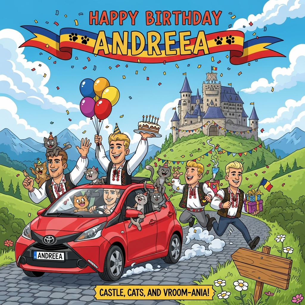 Romania, Handsome Blonde Men, Small Red Toyota Aygo, Castles, Cats, and Birthday Card