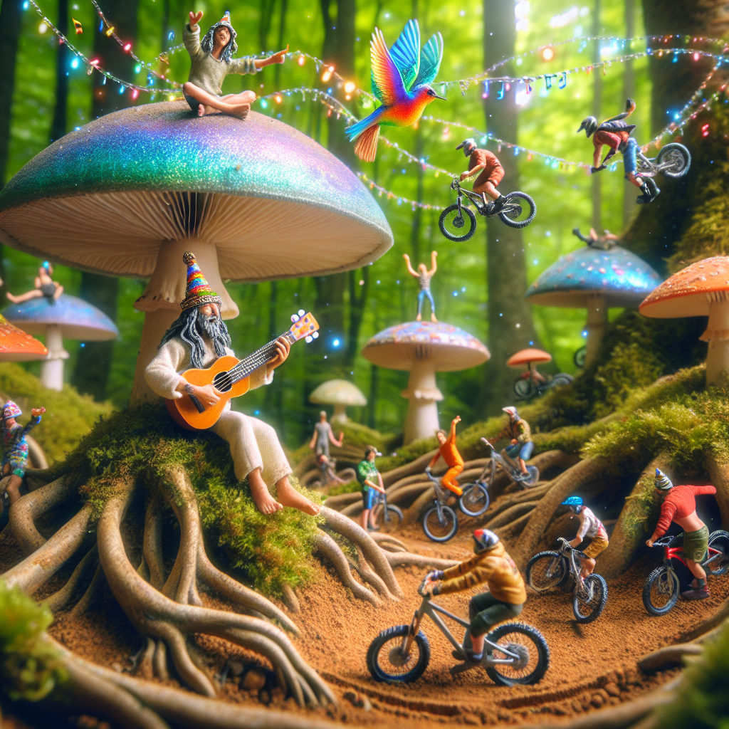 Imagine a birthday party taking place in an enchanted forest clearing, where titanic, iridescent mushrooms tower over like mystical trees. Seated cross-legged on top of one mushroom is a whimsical figure, a Middle-Eastern male, idly strumming a ukulele. From this musical instrument emerge radiant musical notes that transfigure into vibrant birds, fluttering throughout the thick leafy crown above. At the base of this magical scene, a network of roots and earth mimic the structure of mountain biking tracks. Miniature riders, diverse mixture of men and women of different descents including Caucasian, Hispanic, and Black, are seen making daring leaps and maneuvers, their trails narrating a story of exhilaration and play around this extraordinary birthday celebration.
Generated with these themes: Mushrooms , Ukulele , and Mountain biking.
Made with ❤️ by AI.