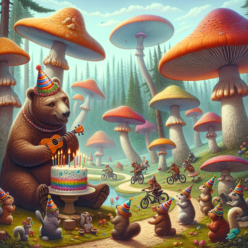 A whimsical birthday scene in a dream-like setting featuring towering, vividly colored mushrooms piercing the sky, offering shade to a jubilant congregation of forest animals huddled around a celebratory cake. In the middle of this group, a bear adorned in festive clothes diligently plays a diminutive ukulele, its melodies harmonizing with the sounds of merriment. In the backdrop, squirrels are visible as they enjoy mountain biking on winding trails that twist and turn around the vast fungi structures, injecting a sense of dynamically adventurous spirit to this serene party.
Generated with these themes: Mushrooms , Ukulele , and Mountain biking.
Made with ❤️ by AI.